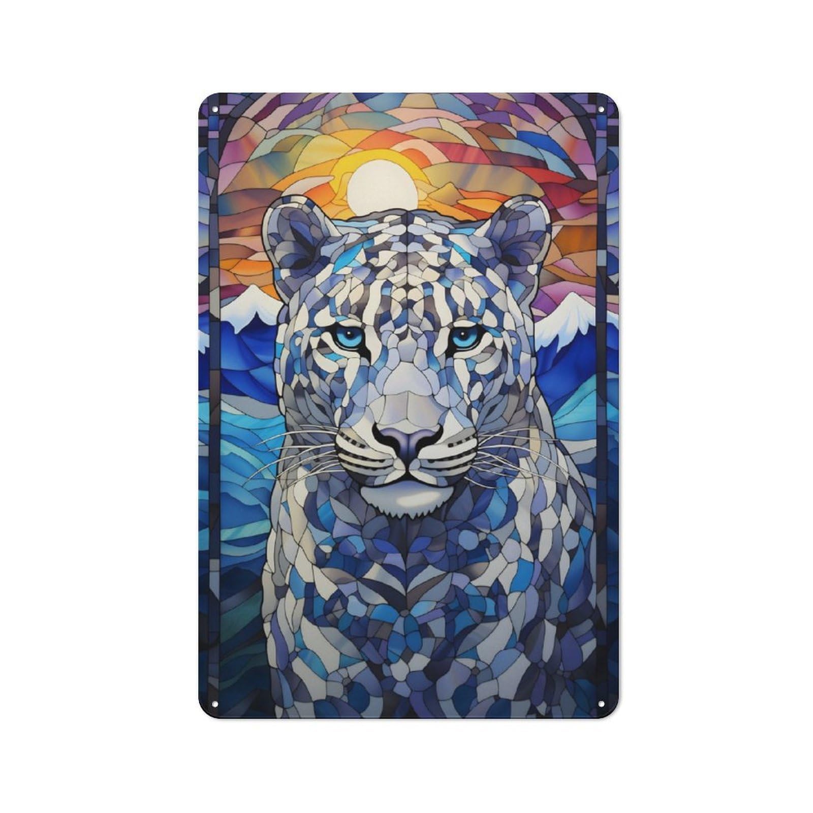 Junmoney Snow Leopard Stained Glass Retro Metal Wall Sign 30X20cm With For Home Bar Wall, A Housewarming Gift For Hosts Who Enjoy Retro Interiors