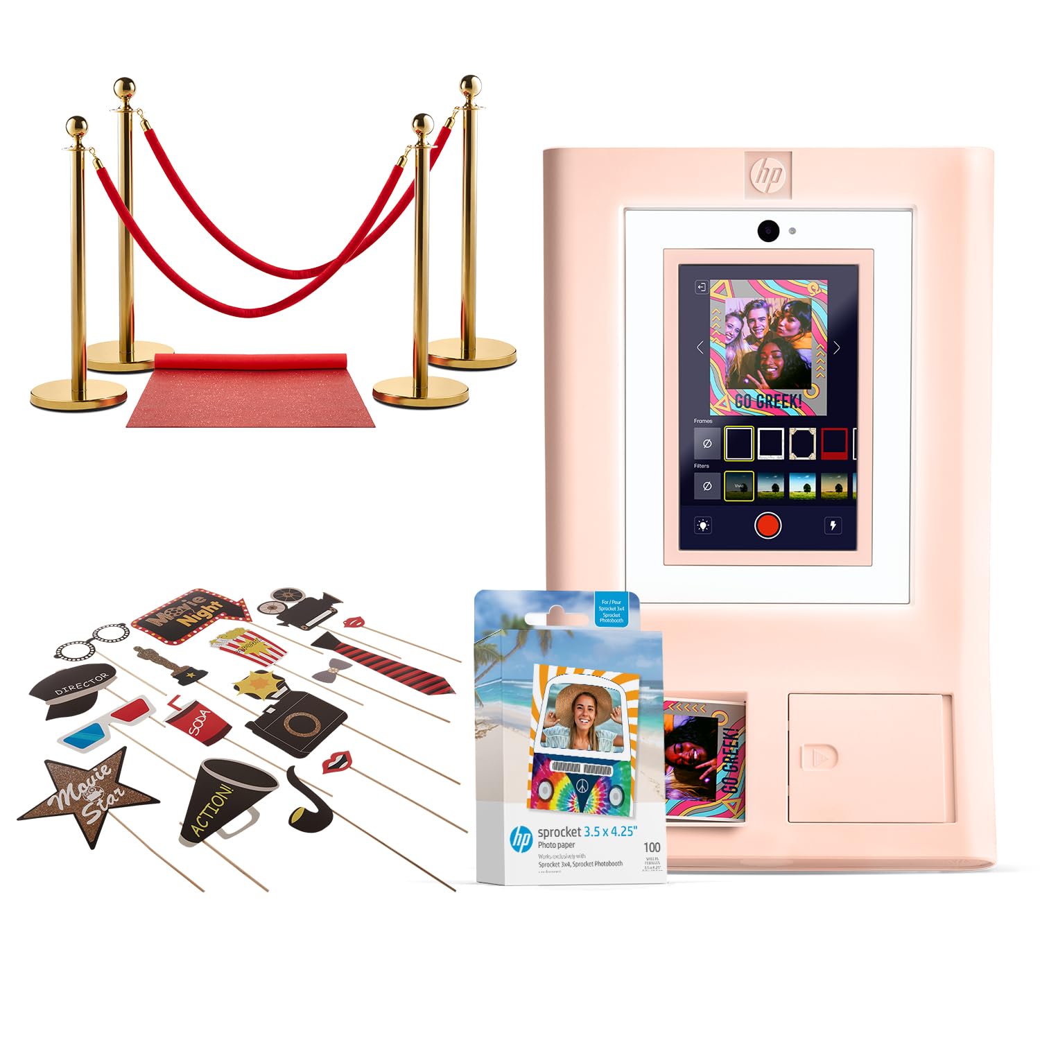 HP Sprocket Cabina fotografica Stampante fotografica istantanea a colori (rosa) + Carta Zink (100 fogli) + Red Carpet (1) + Accessori Hollywood (1).