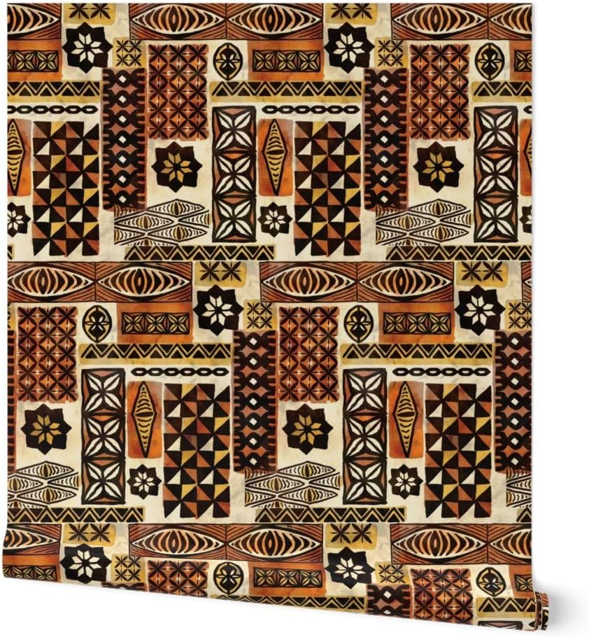 Peel & Stick Wallpaper 3ft x 2ft - Hawaiian Orange Red Yellow Old Rust Antique Polynesian Tiki Custom Removable Wallpaper by Spoonflower