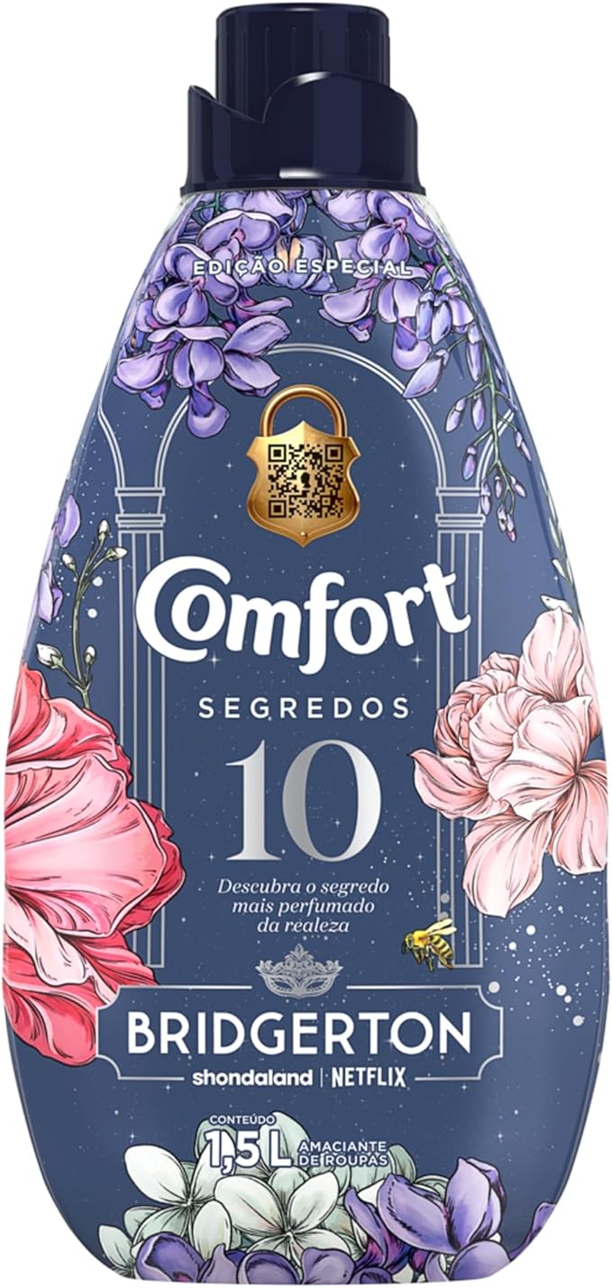 Frasco frontal do amaciante Comfort Segredos Bridgerton de 1,5L com ilustrações florais e detalhes em dourado