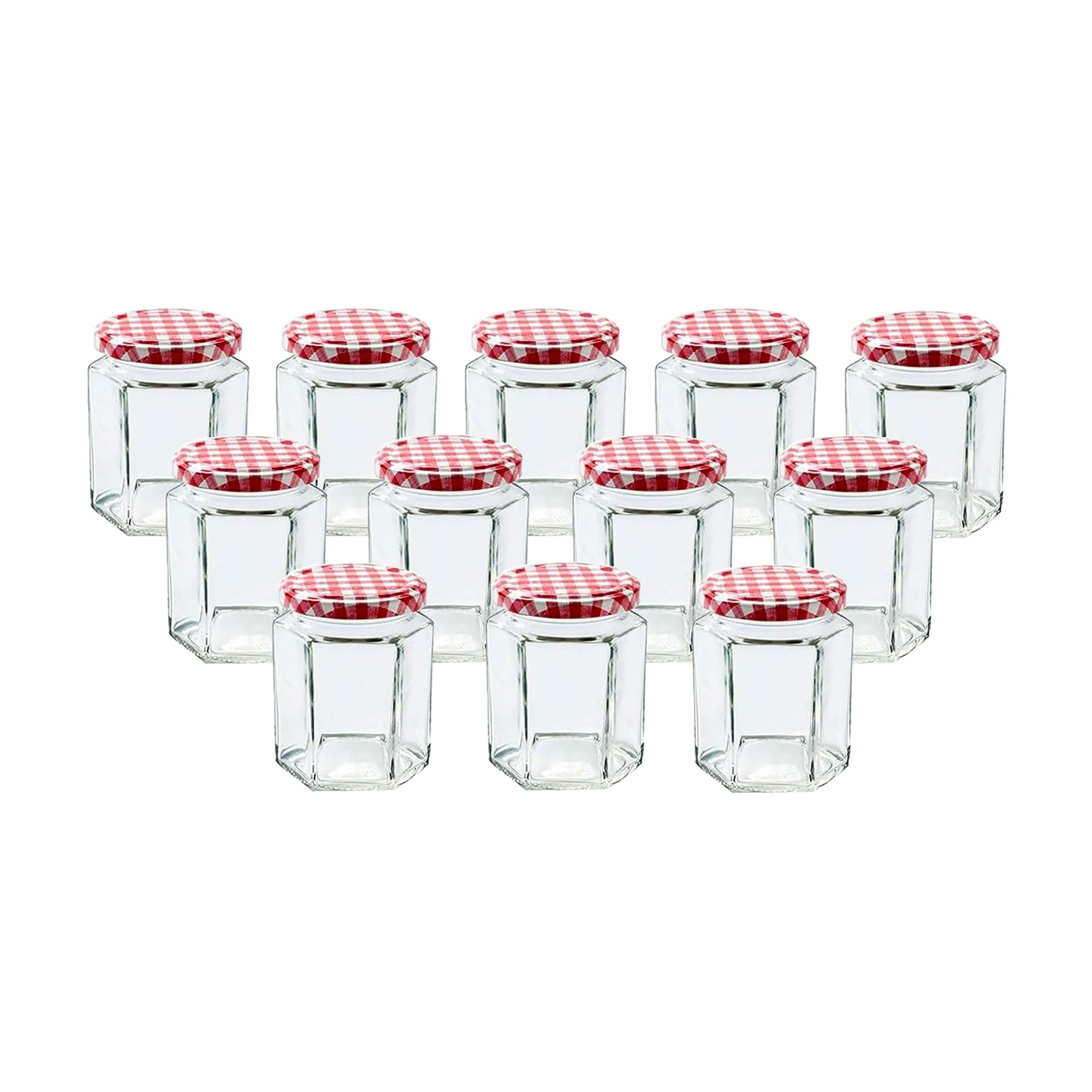Lucente Red Lucenté 12Pc Glass Jam Jars Preserve Pots Pickle Jars With Airtight Gingham Screw Top Lids - 280Ml