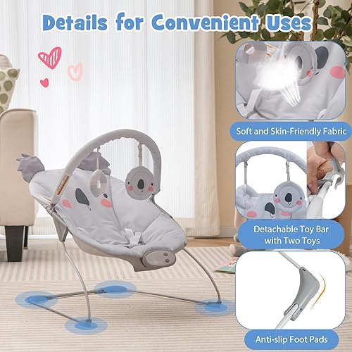 Miniatura 7 de BABY JOY Gorila para bebé, asiento portátil para bebé con vibración y música, barra extraíble y cubierta de tela, arnés de seguridad de 3 puntos