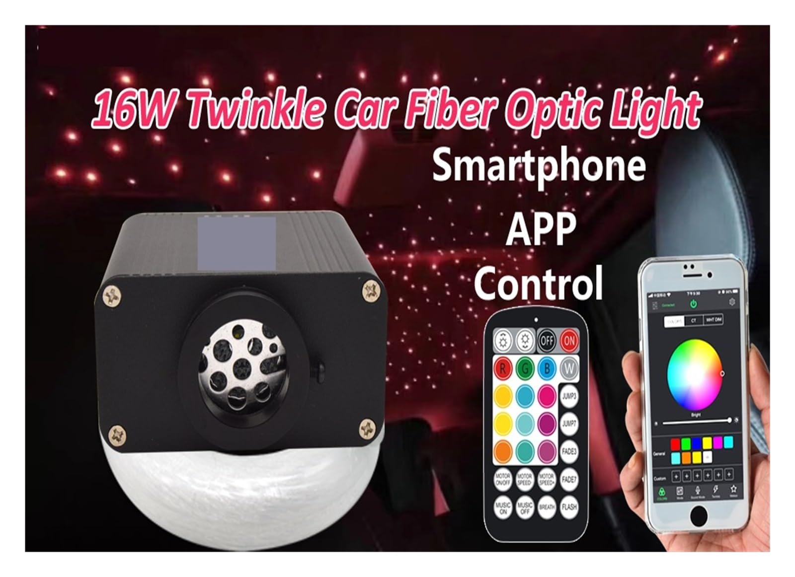Oświetlenie wnętrza samochodu LED, 16W Twinkle RGBW Światłowodowy gwiazdowy zestaw lamp sufitowych Sterowanie aplikacją na smartfona Dach samochodowy Starry Sky Światłowodowe światło Światła nastrojow