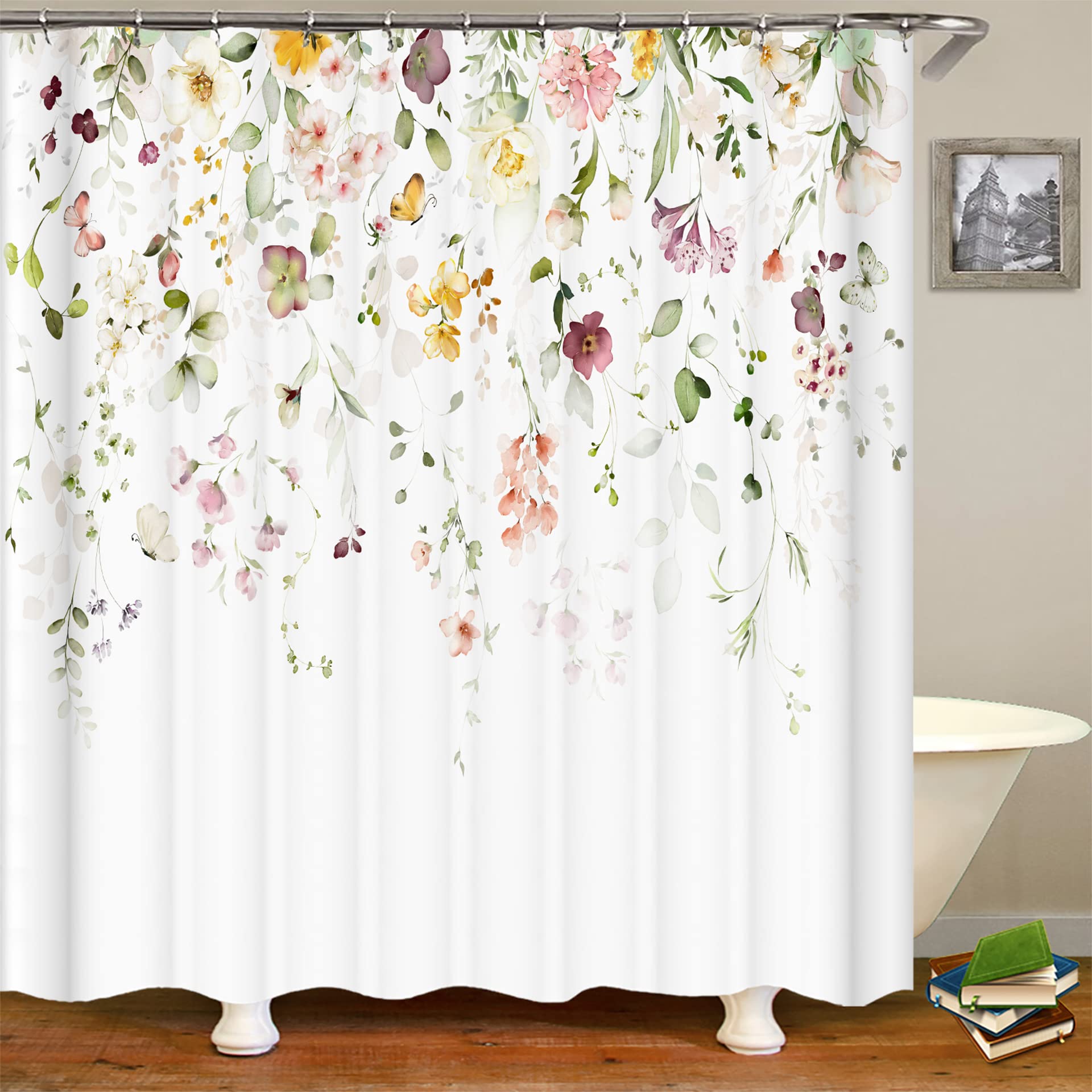 Duschvorhang Mit Aquarell-Wildblumen-Muster – 183 X 183 Cm, Wasserdicht, Maschinenwaschbar, Inkl. 12 Haken