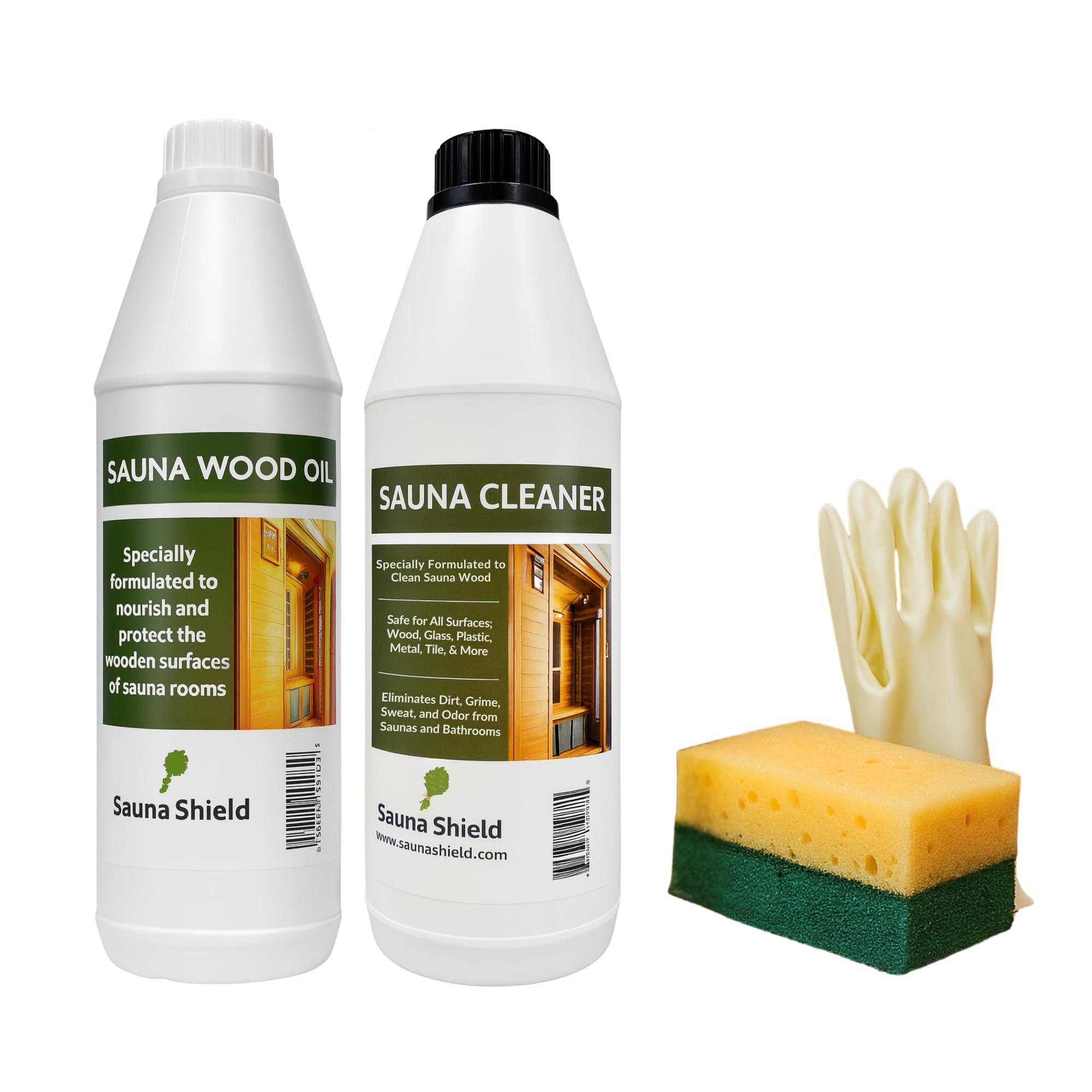 Sauna Shield Sauna Care Set – Sauna Wood Oil & Sauna Cleaner (33.8 fl oz each) with Applicator Sponge & Gloves | Protects, Cleans & Nourishes Sauna