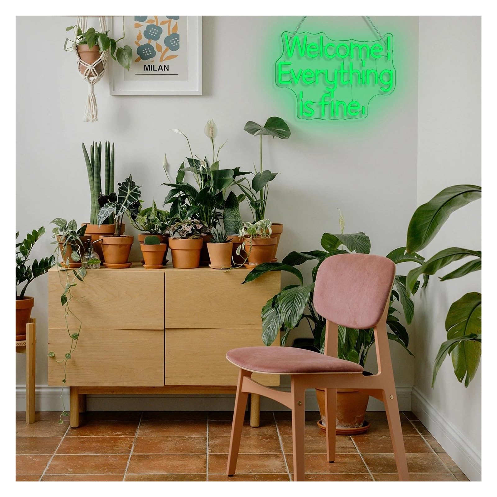 Luces de neón Letrero De Neón Welcome Everything Is Fine Regulable Con Letras Verdes Inspiradoras Para Decoración De Pared De Tiendas Pasillos Dormitorios 42cmx28.5cm