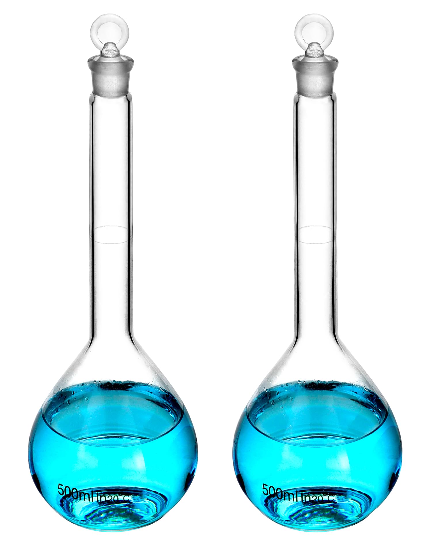QWORK Frasco volumétrico de 500 ml con tapón de vidrio, vidrio de borosilicato alto 3.3, 2 unidades