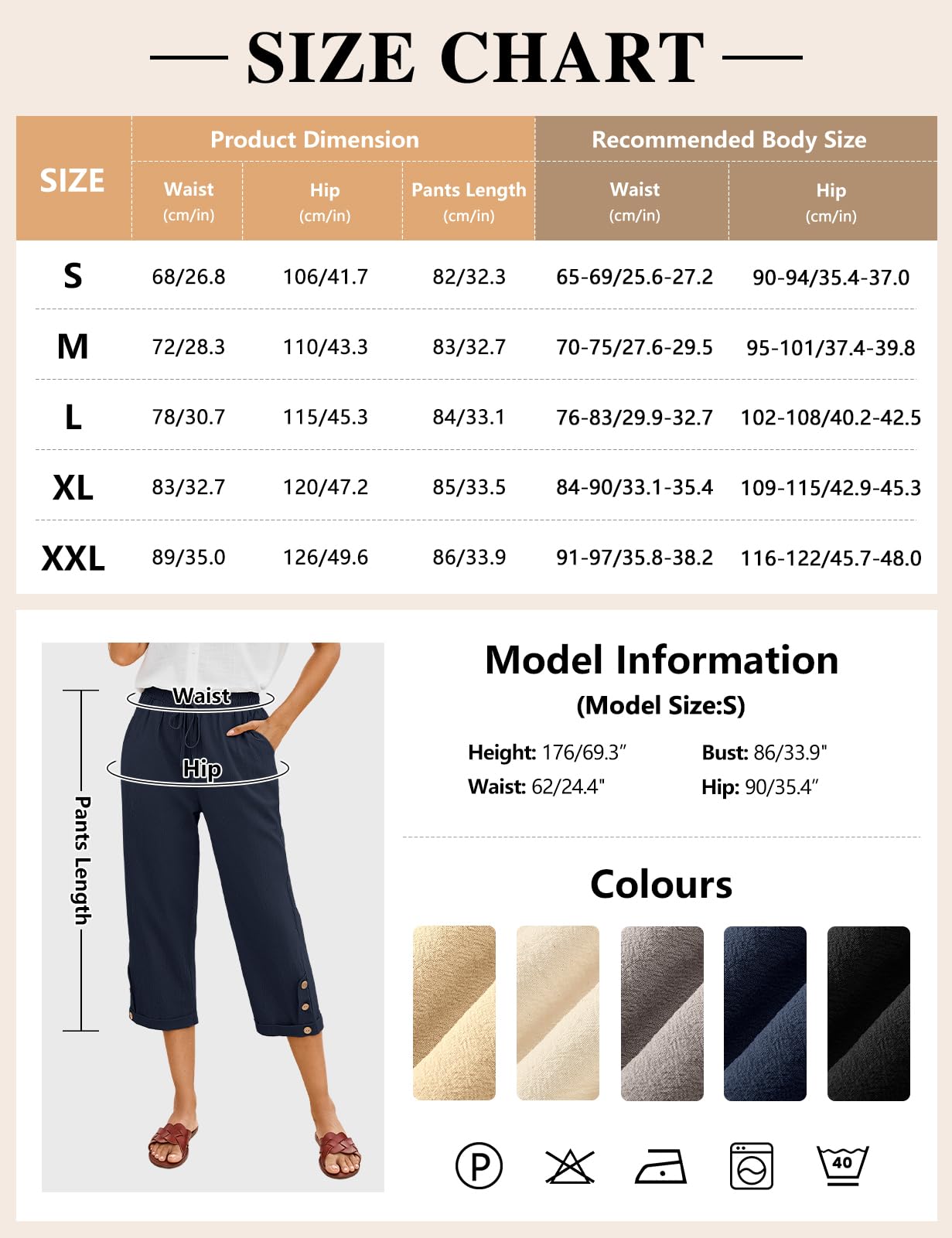 Voqeen Pantalon Femme Été Léger 3/4 Pantacourt Fluide Elastique avec Poches Coton Vêtement Chic Elegant Décontractée Pants de Plage