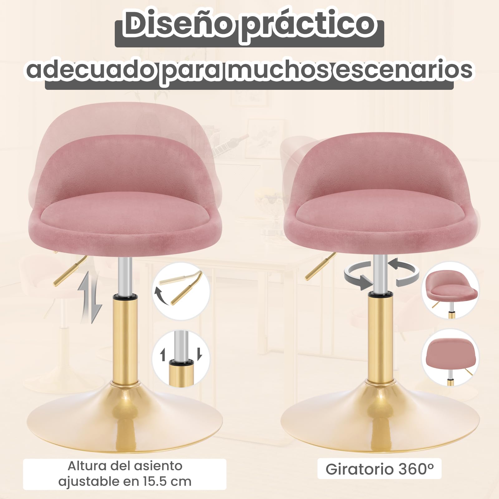 WOLTU Taburete Bajo con Respaldo Terciopelo, Rosa+Dorado