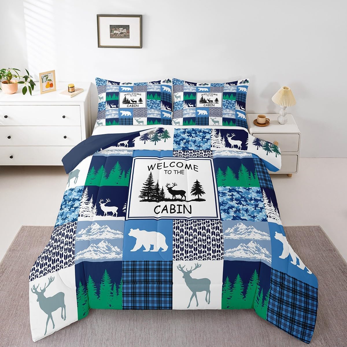 Retro Cabin Comforter Set Queen Wildlife Bear Elk Deer Hunting Bedding Set,Reindeer Moose Woodland Animals Quilt Blue Camouflage Grid Lattice Patchwork Duvet Insert,Pine Trees Farmhouse Decor