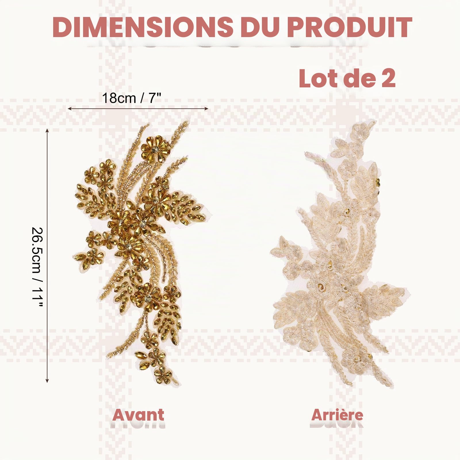 QUARKZMAN 2 Pack Appliques En Strass, 26.5x18 cm Patches En Dentelle Dorée À Coudre Appliques En Strass Perles Sequins Pour Couture Robes Décoration De Mariage Soirée Robe De Soirée