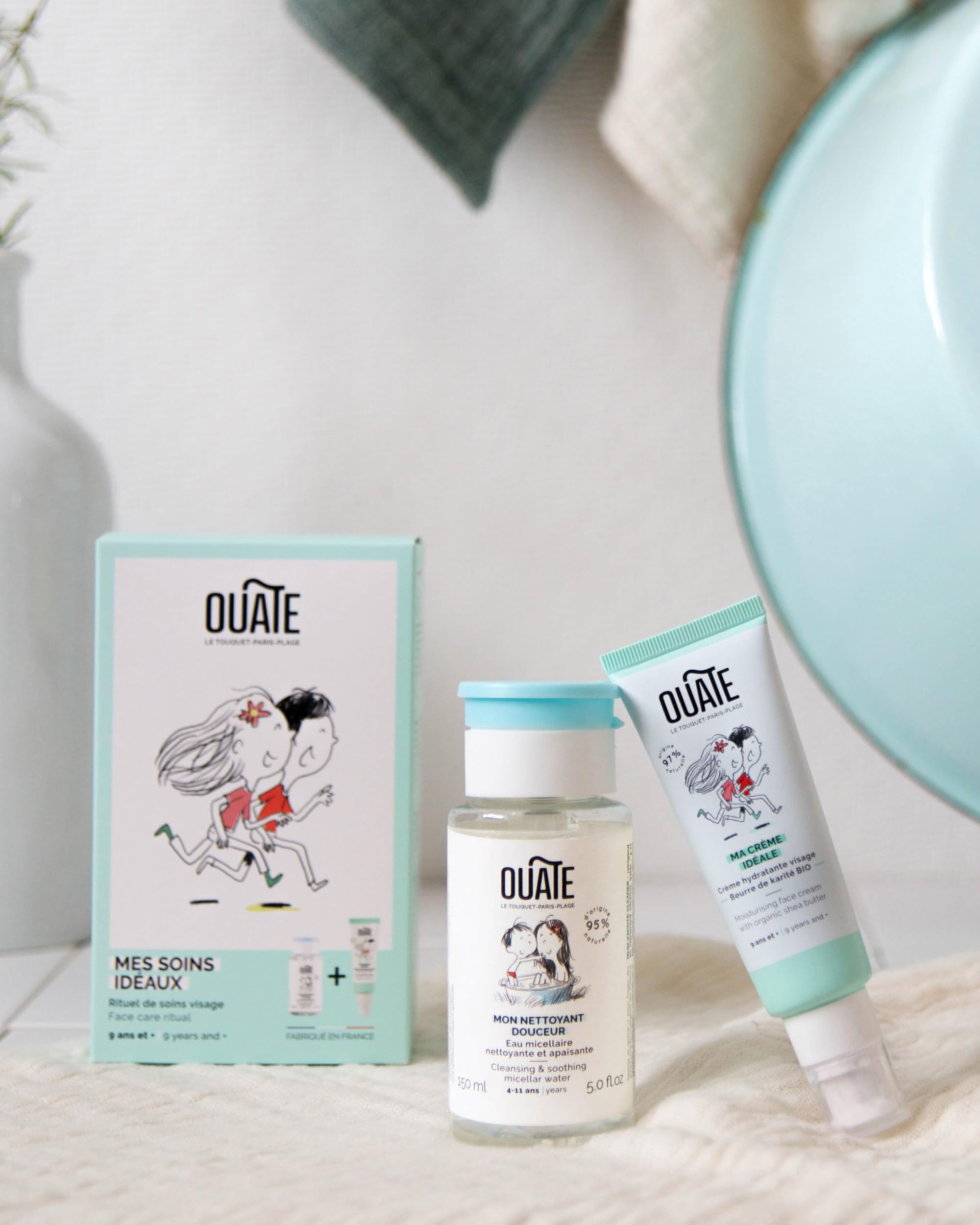 OUATE - Mes Soins Idéaux - Coffret Découverte Soin Visage OUATE - 9-11 Ans - 1 Soin Hydratant 50 ml + 1 Nettoyant Visage 150 ml - Formules Vegan - Made in France