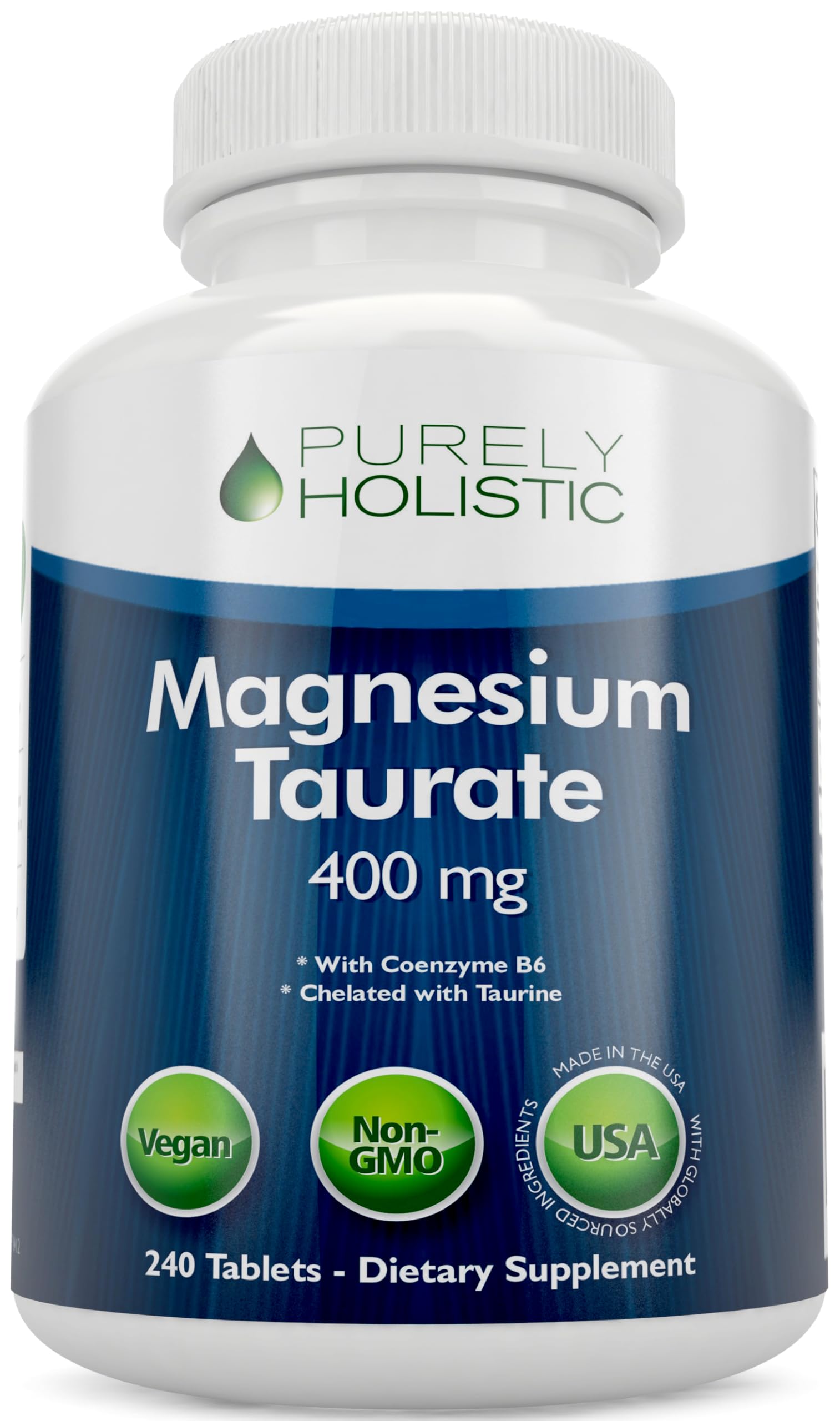 Magnesium Taurate 400mg Tablets - Chelated Magnesium with Taurine and Coenzyme B6 - High Absorption Complex for Cardiovascular Health, Muscle and Nerve Function - 240 Vegan Tablets