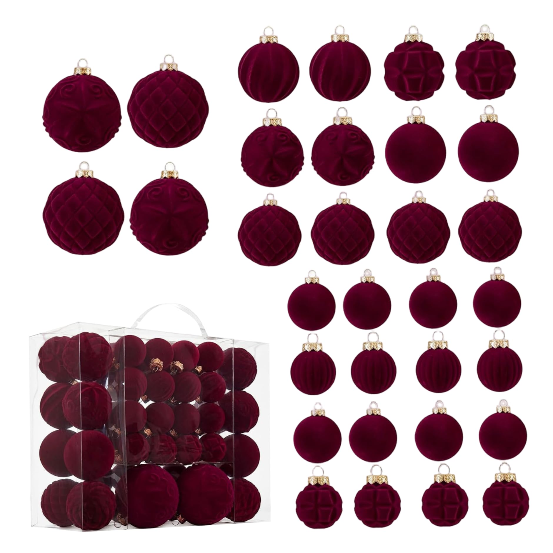 CAKEEYUM 46PCS Velvet Christmas Ornaments 3 Sizes Vintage Shatterproof Flocked Christmas Ball Ornaments for Xmas Tree Holiday Wedding Party Wine Red