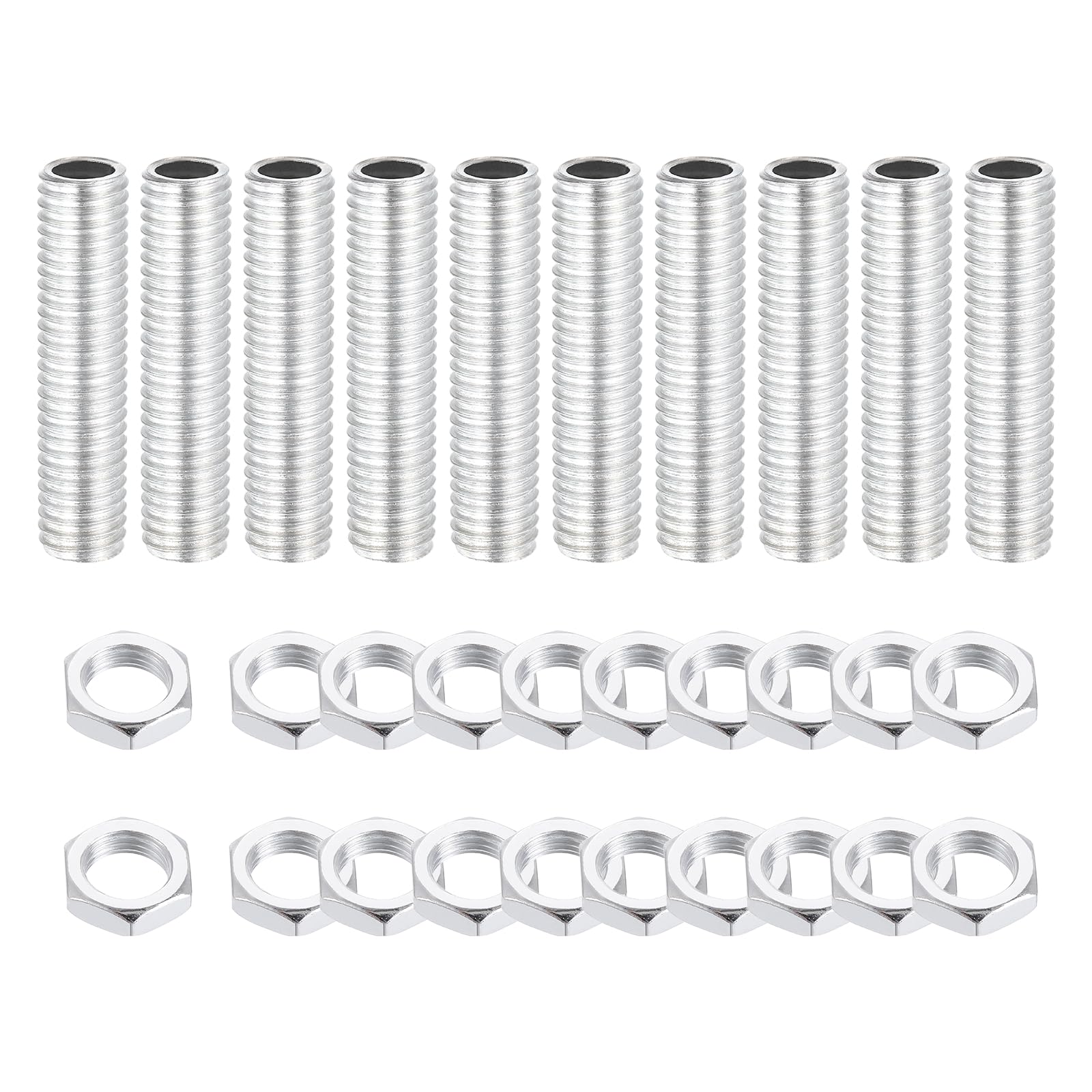 sourcing map 10Pcs 45mm Lamp Pipe Nipples Kit with Lock Nuts, M10x1.5 Coarse All Threaded Hollow Tube Lamp Repair Hardware Fasteners for Chandelier Ceiling Lamps Assembly DIY, White Zinc โ image 1