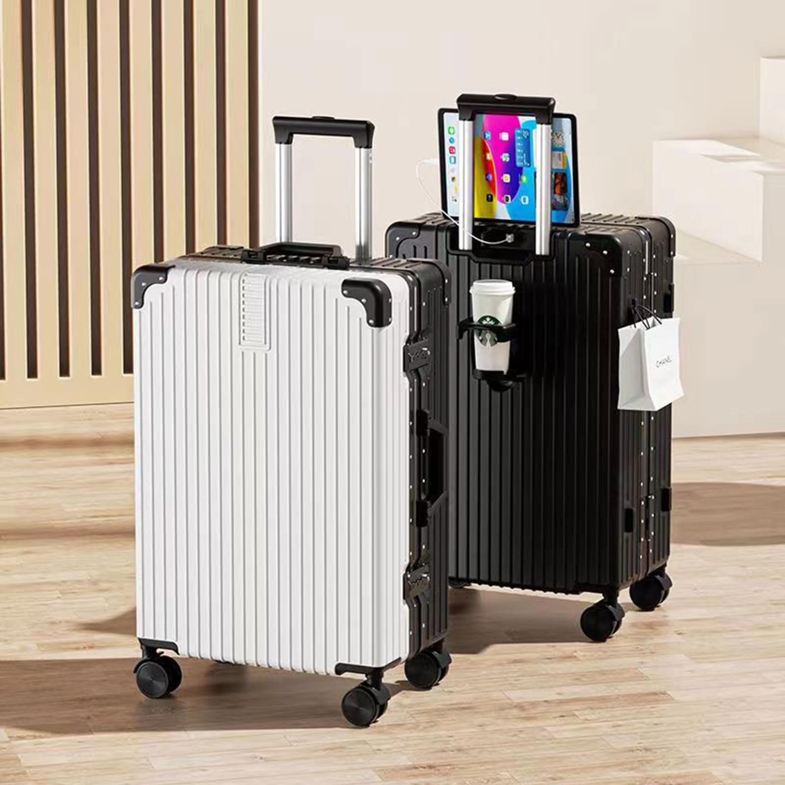 Bagaż Z Uchwytem Na Kubek, Konstrukcja Separacji Przestrzeni, Twarda Walizka Na Kółkach, Pyłoszczelna I Wodoodporna, Na Wycieczkę, Do Nauki (Color : 22 Rack, Size : Rose White)