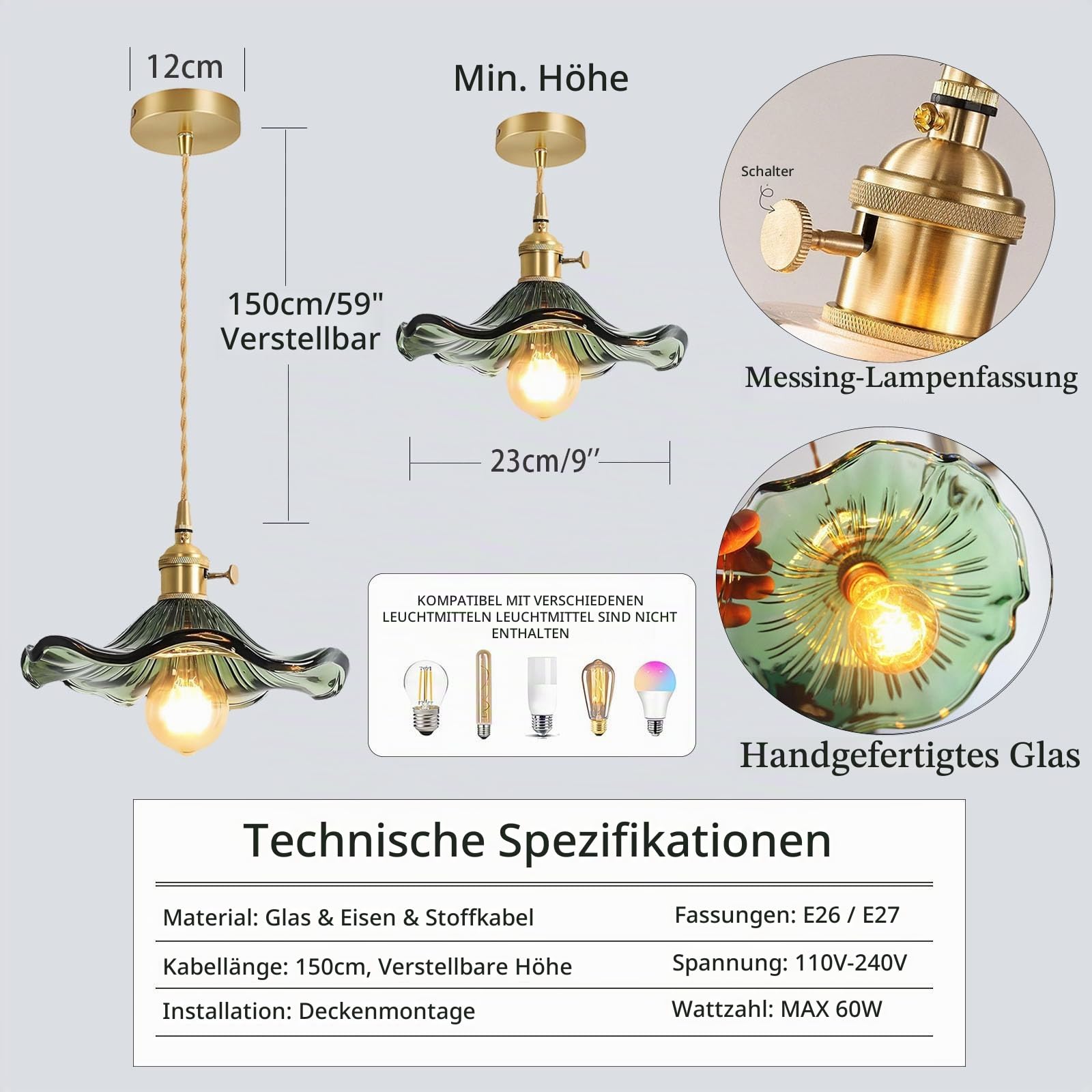 EKSED Glas-Pendelleuchte, Messing, goldene Fassung mit Schalter, Hängelampe, Deckenleuchte für Kücheninsel