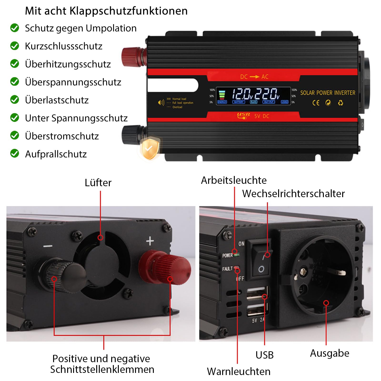 Wechselrichter Spannungswandler DC 12V / 24V auf AC 230V Modifizierte Sinuswelle Inverter 2000W mit EU Steckdosen, 2 USB und LCD-Anzeige Stromumwandler Adapter für Auto Kfz LKW Wohnwagen Camping