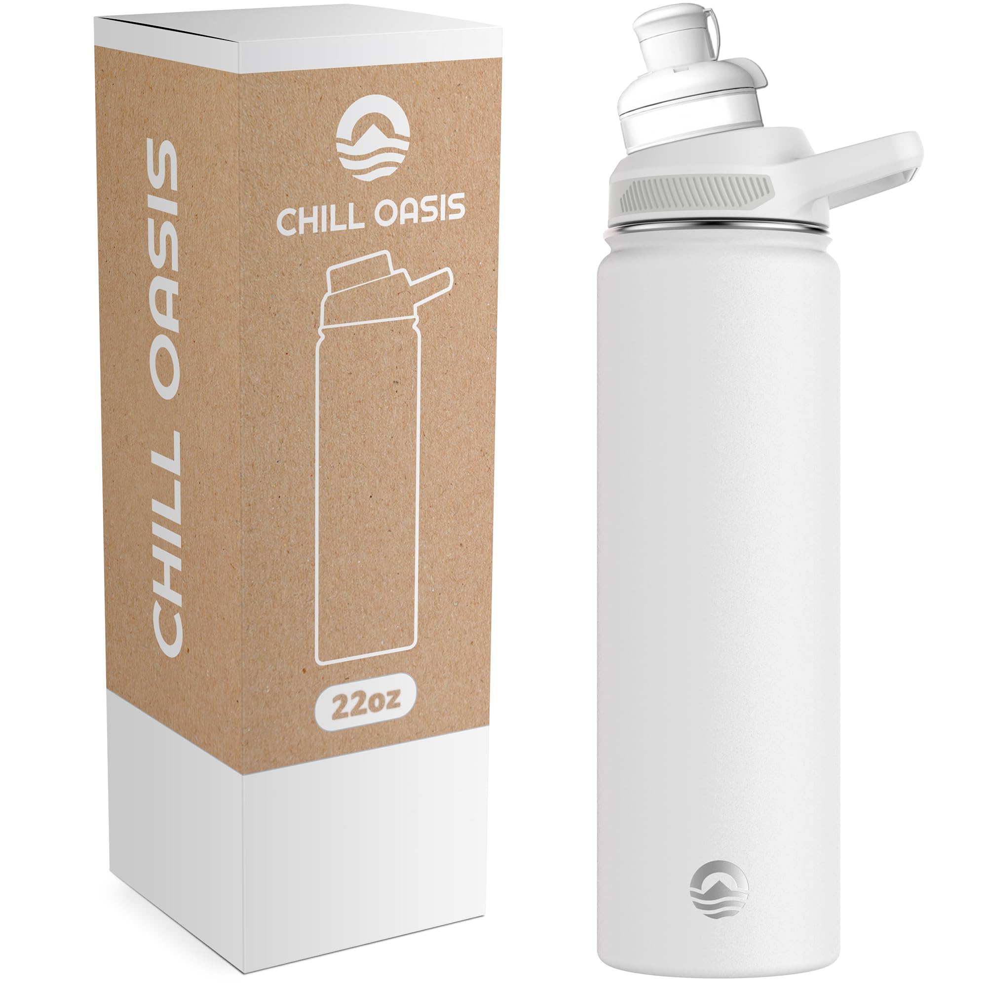 Chill OasisWater Bottle | Compatible With Popular Flavor Cartridges | BPA Free, Leak Proof, Double-Walled Vacuum Insulated Stainless Steel, and Dishwasher Safe | Cold for 24 Hours (White, 22oz)