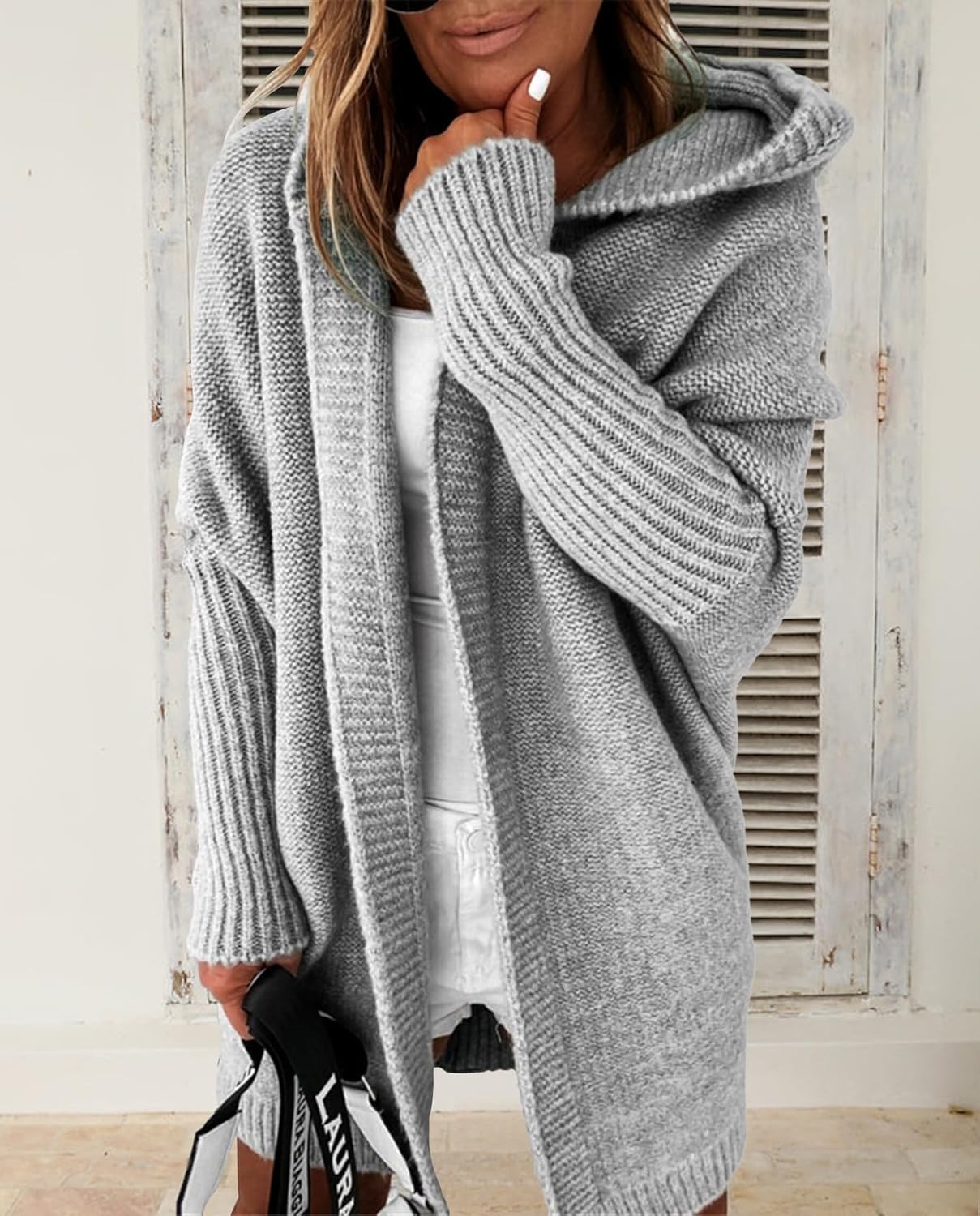Knitted Hooded Sweater for Womens Casual Open Front Cardigan Winter Sweater Batwing Sleeve Long Sweater Coats - Image 2