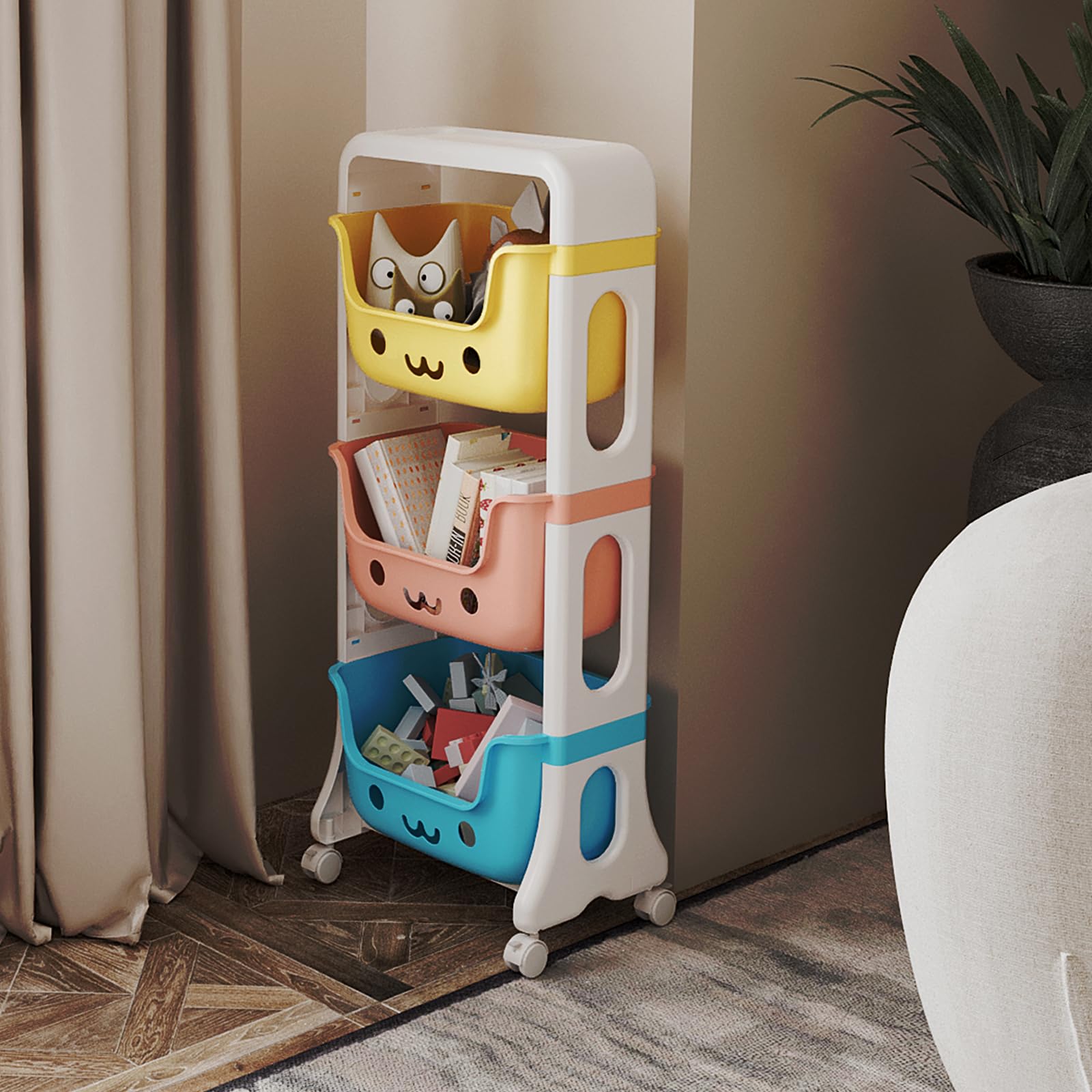 RMAN Meuble de Rangement pour Enfant à 3 Niveaux 95cm Rangement Jouet Enfant avec Roulants Grand Plastique Organiseur pour Jouets, Livres, Chambre, Salon