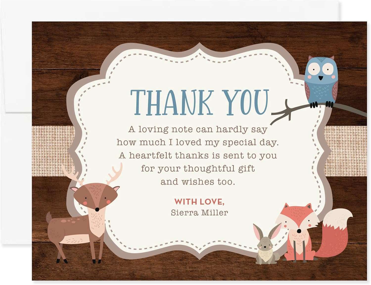 Woodland Animals Baby Shower Thank You Cards with Names and Message, 5.5x4.25 Personalized FLAT Thank You Cards, Envelopes Included
