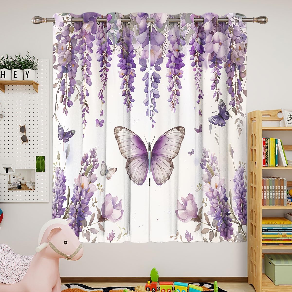 Purple Butterfly Blackout Curtains for Girls Boy Home Decor, Spring Floral Lavender Lilac Summer Grommet Thermal Insulated Drapes Darkening Window Curtain for Bedroom Living Room, 42 x 63 Inch