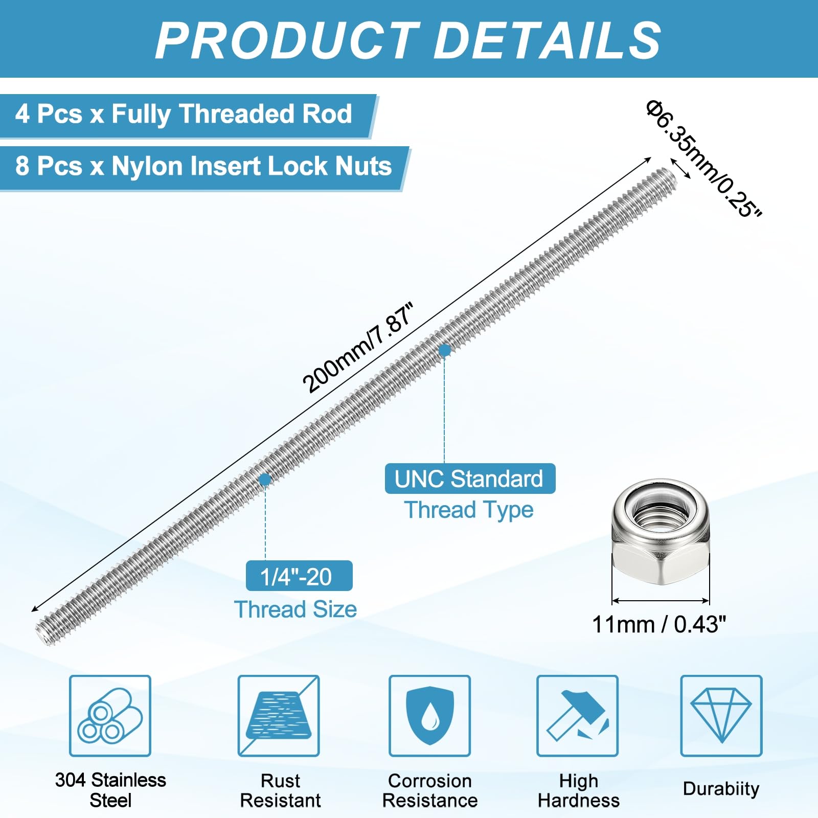 PATIKIL 4Pcs 1/4"-20x200mm Threaded Rods with Hex Nuts - Image 2