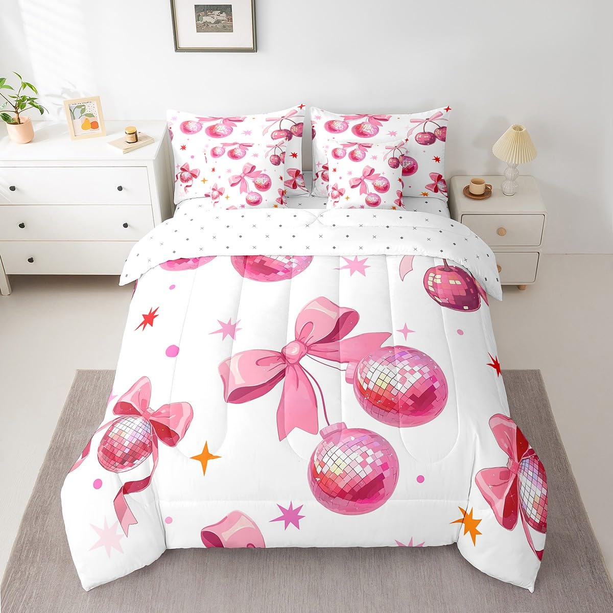 Juego de edredón de 7 piezas con música pop de los años 70 y 80, juego de cama rosa con bola de discoteca cereza, ropa de cama estilo princesa con lazo femenino en una bolsa, tamaño Queen (1 edredón,