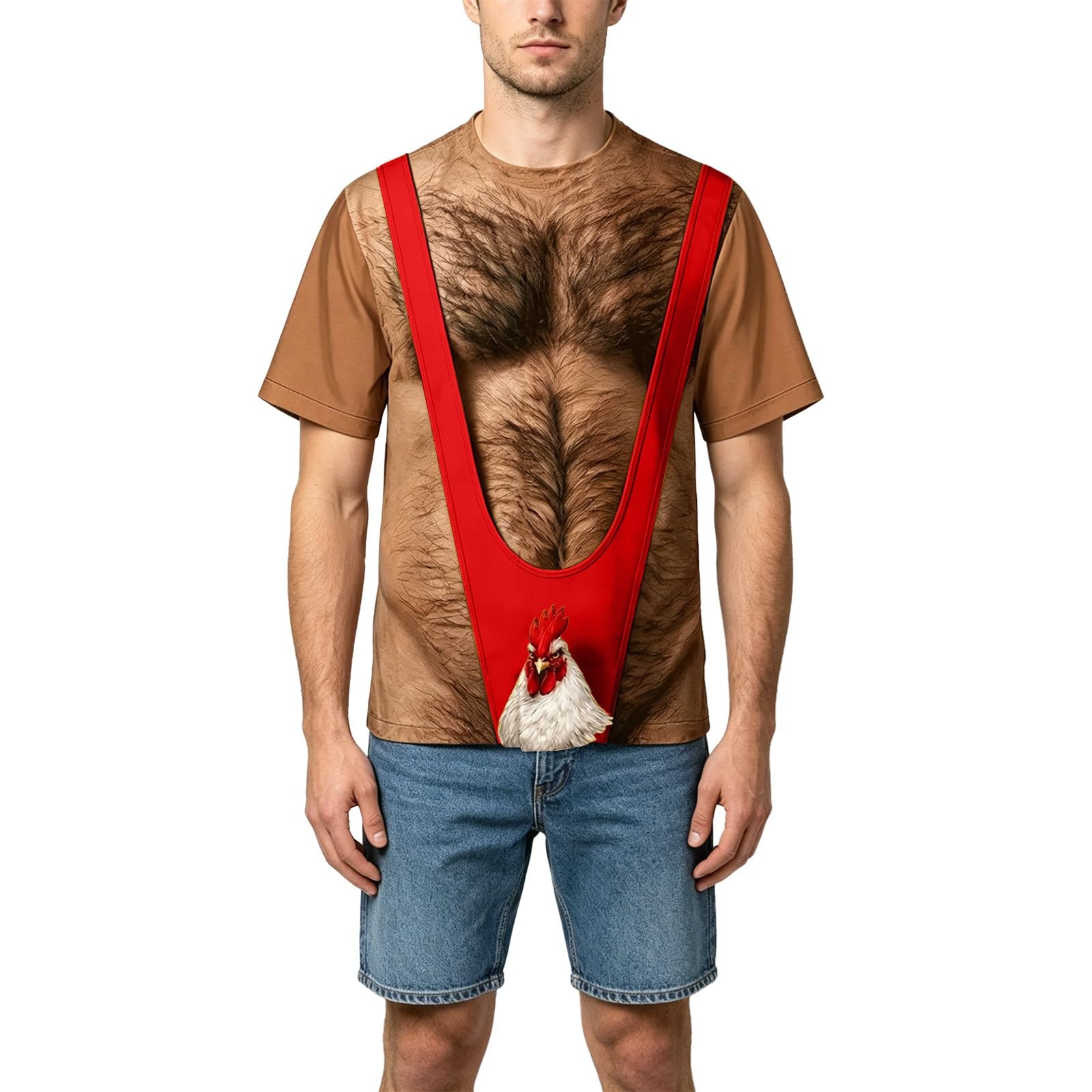 3D Chest Hair Print Funny Novelty T Shirt Rooster Design Hilarious Stag Do Classic Mankini Style Shirt Plus Size Short Sleeve Casual Fancy Dress Top for Bachelor Party Halloween Costume Red