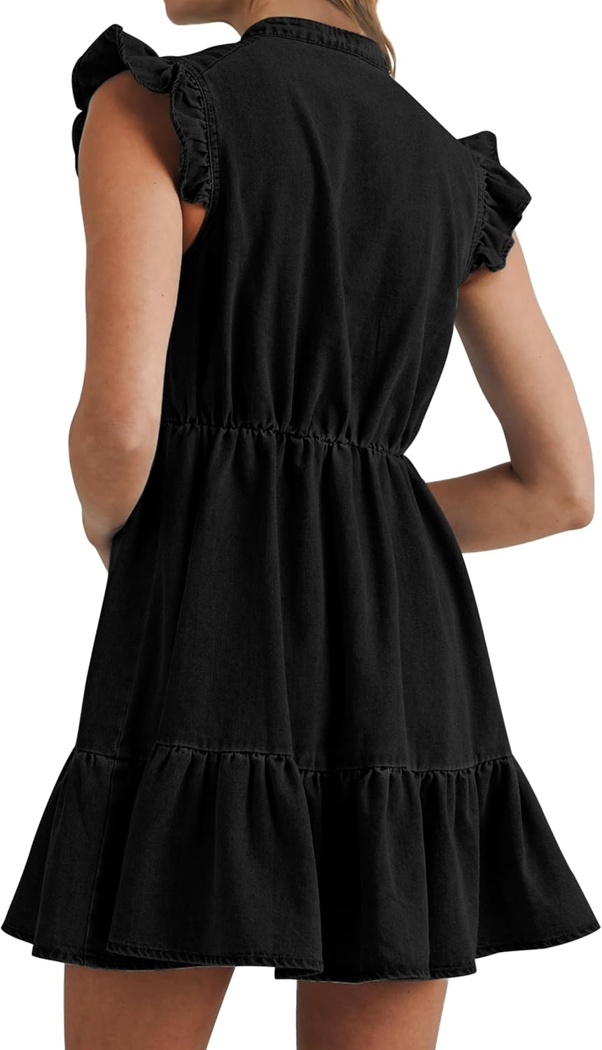 Denim Dress for Women Ruffle Short Sleeve V Neck Jean Mini Dress with Pockets - Image 2
