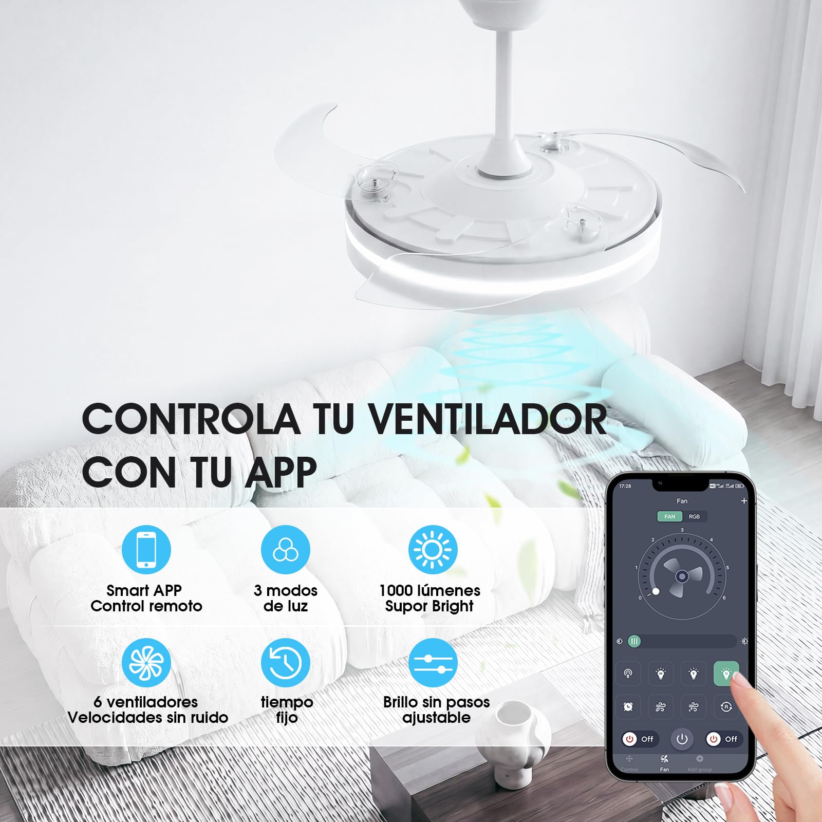 NIORSUN Ventilador de techo con luz,42" (106cm) Ventilador de techo,3 tonalidades, aspas desplegables, 40w 6 velocidades, APP&control remoto, Función Verano-Invierno,Blanco