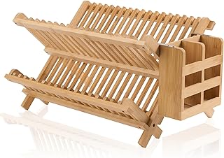 Bamboo Dish Drying Rack-2 Tier, Collapsible Small Dish Rack with Utensil Holder, Wooden Drying Rack for Kitchen Counter, Apartment Essentials Kitchen Plate Holder Organization 34 pcs Grid