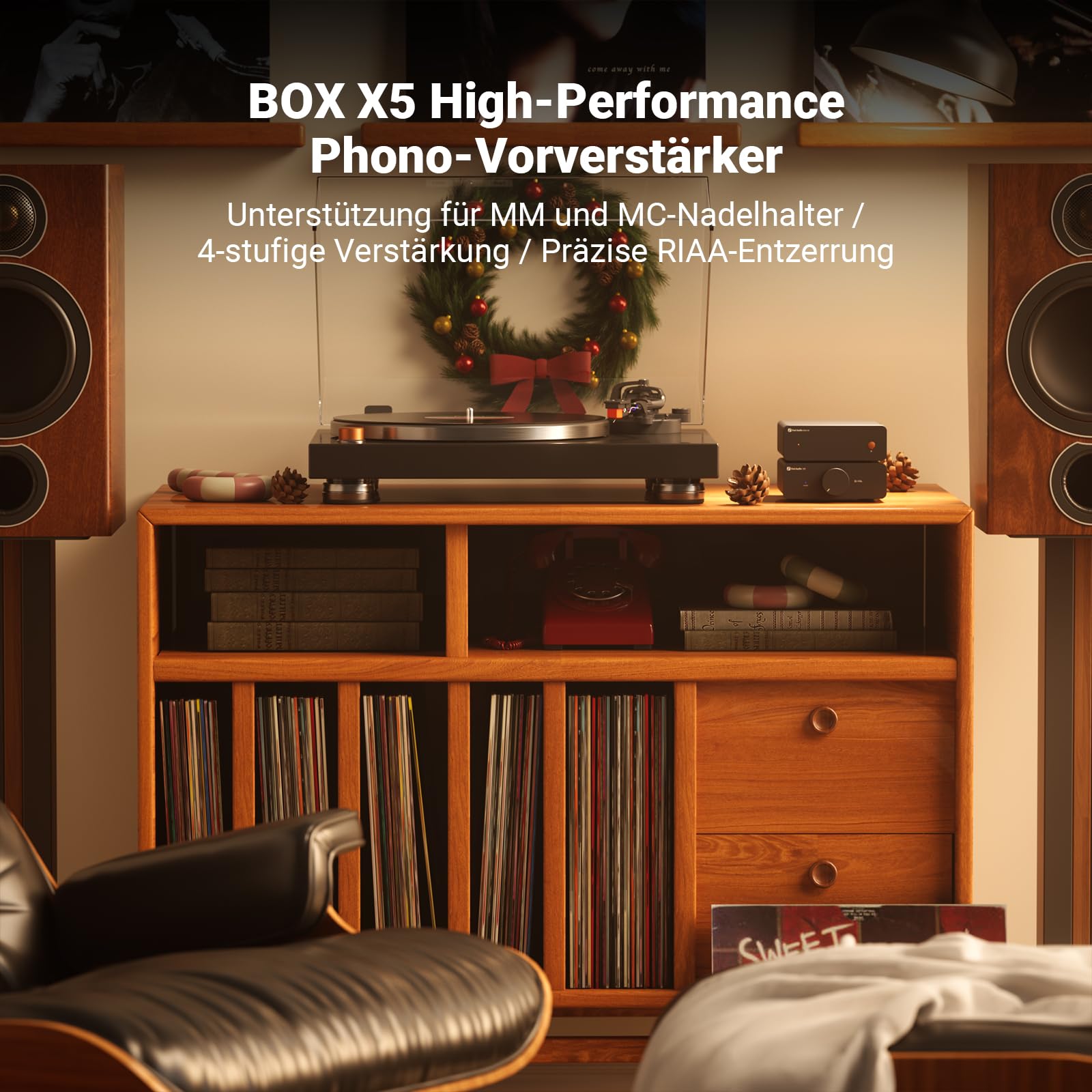 Fosi Audio Box X5 Phono Preamp for Turntable, Mini Preamplifier Home Stereo Audio for MM& MC Cartridge Turntable/Record Player/Active Speakers, 4-Level Adjustable Gain 38/48/56/66 dB with RCA Output