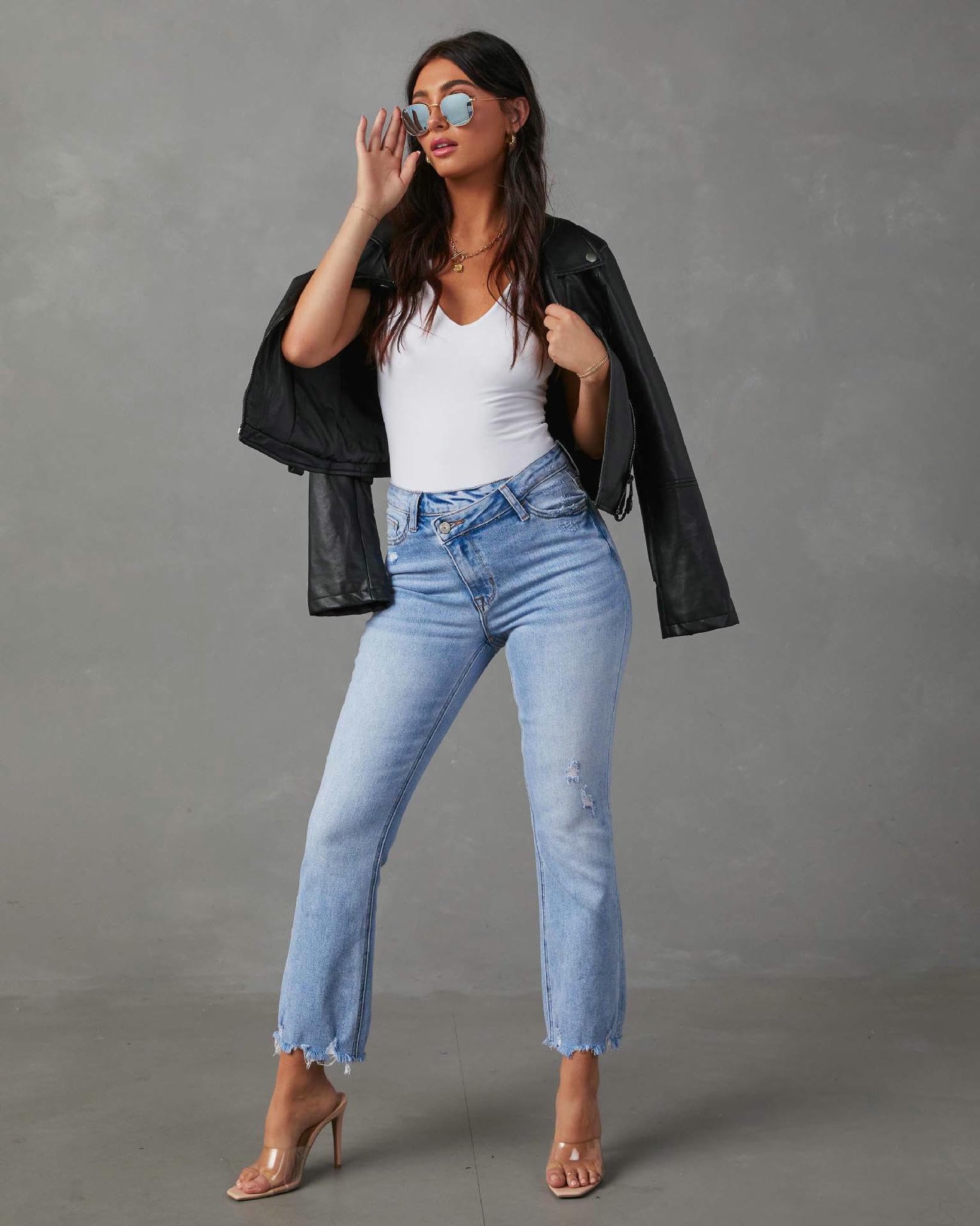 Jeans da Donna Design Obliquo alla Moda Femminile Elastico Temperamento Dritto per Pendolarismo Lavati-Azzurro-XL