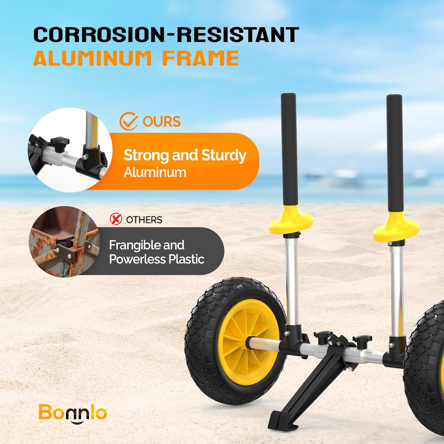 Bonnlo Kayak Cart with 10in Kayak Wheels, 7.1"-17.1" Adjustable Width, Detachable Kayak Dolly with Adjustable Angle Kickstand, Strap Free Kayak Trolley for Sit on Top Kayaks