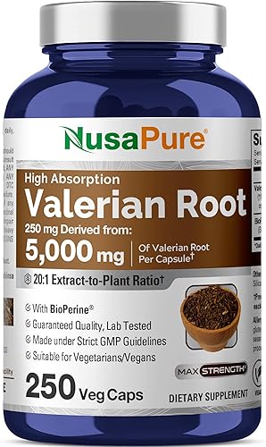 NusaPure Raíz de valeriana 5000 mg por cápsulas vegetales, 250 unidades, vegano, sin OMG, bioperina