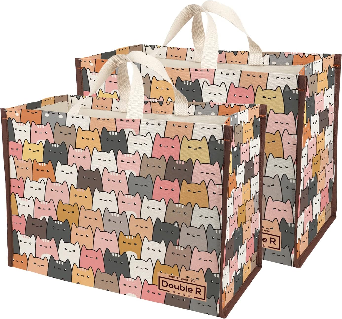 Heavy Duty Cotton Canvas Grocery Shopping Bag | Eco-Friendly Cloth Tote for Vegetables, Milk, Fruits & Lunch | 33x44.4x20.3cm | 1 Compartment | Pack of 2 Catkitten Print