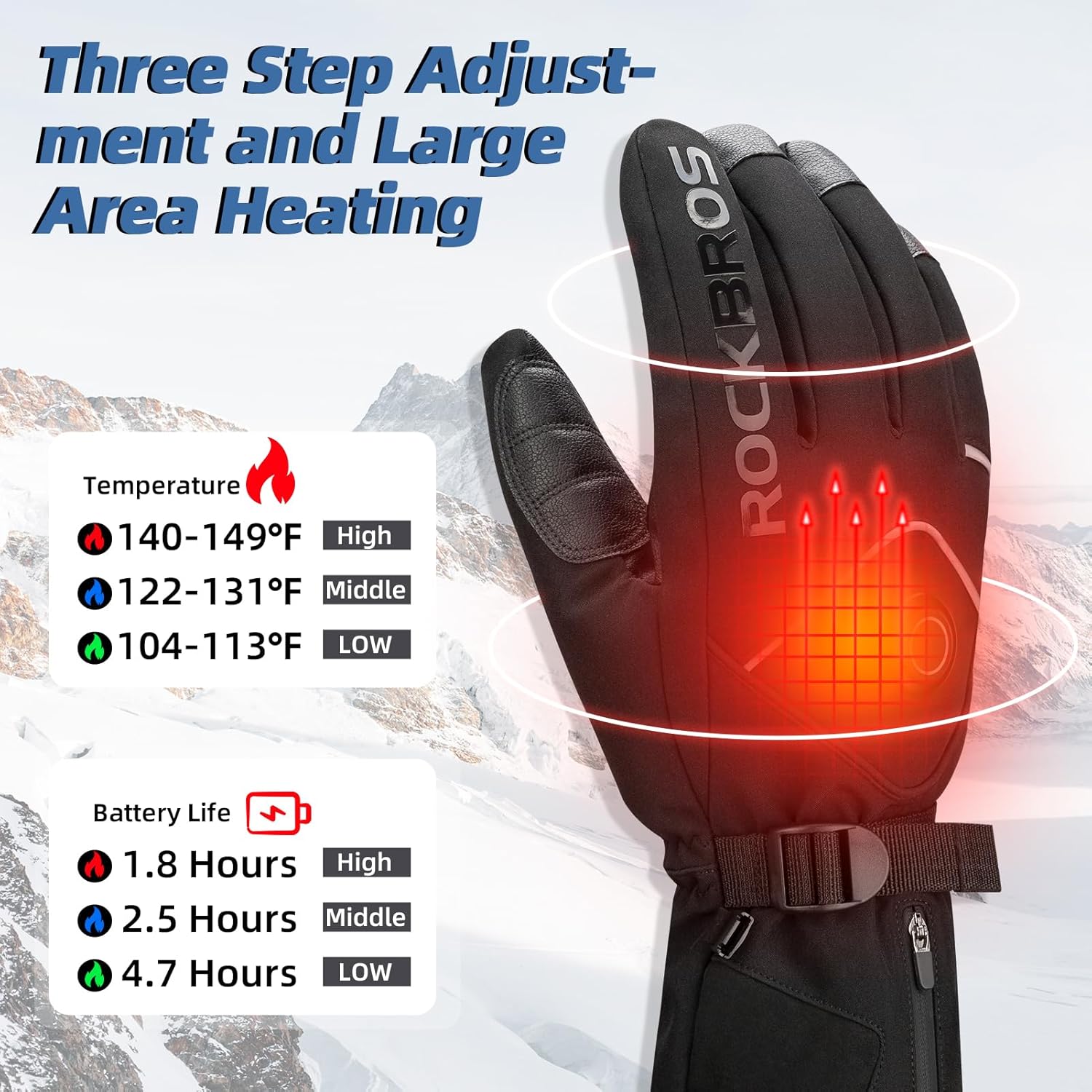 ROCKBROS Heated Gloves Electric Rechargeable Battery Thermal Mittens Gloves for Men Women Winter Touchscreen Waterproof Warm Glove Liners Cold Weather Gloves for Cycling, Skiing, Snowboarding - Image 2