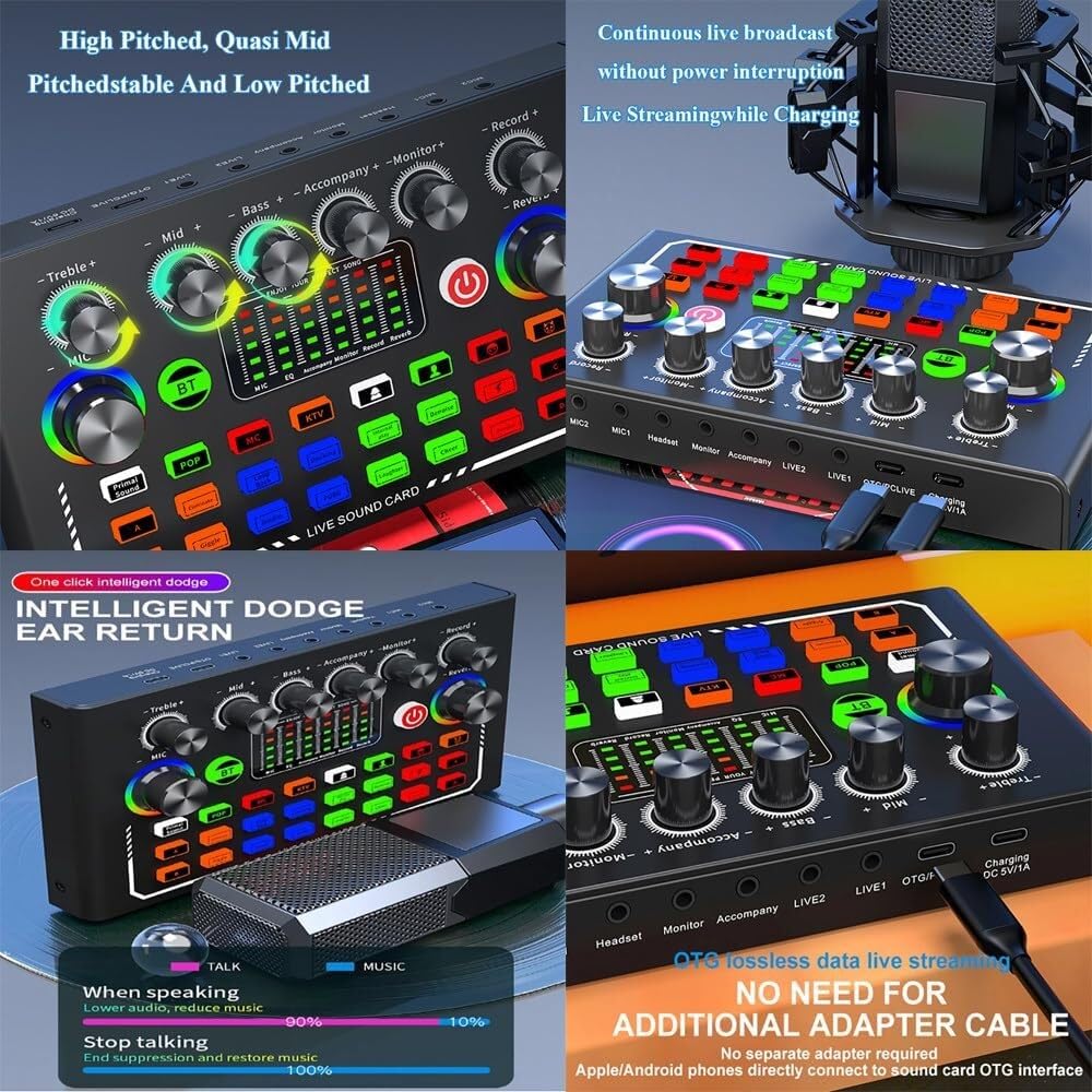 Mixer audio for giochi, bundle di apparecchiature for trasmissioni in diretta, Bluetooth, 10 effetti sonori, 6 modalità, riduzione intelligente del rumore, scheda audio live plug-and-play(Combo1)