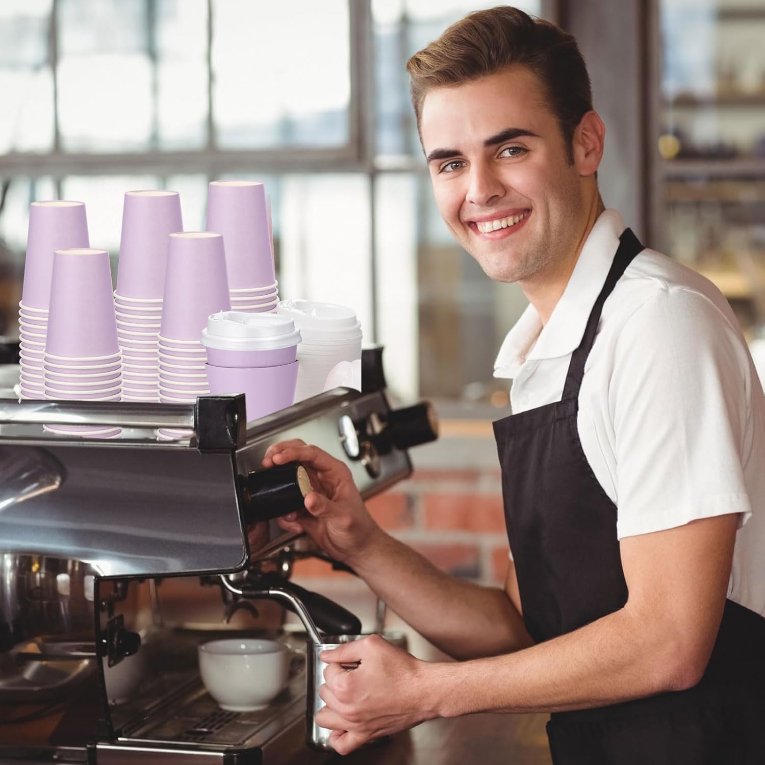 Patelai 48 Pcs 12 oz Disposable Coffee Cups with Lids and Sleeves Bulk, Insulated Hot Chocolate Paper Cup for Hot and Cold Beverage Water Juice Cocoa Party Restaurants Supplies (Macaron Purple)