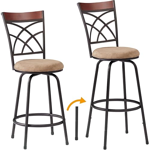 VECELO Barstools, Adjustable Counter Stools, Steel Bistro Pub Chairs, Bar Stool with 360 Degree Swivel Seat and Cushions,Wood Top Rail Backrest,Set of 2