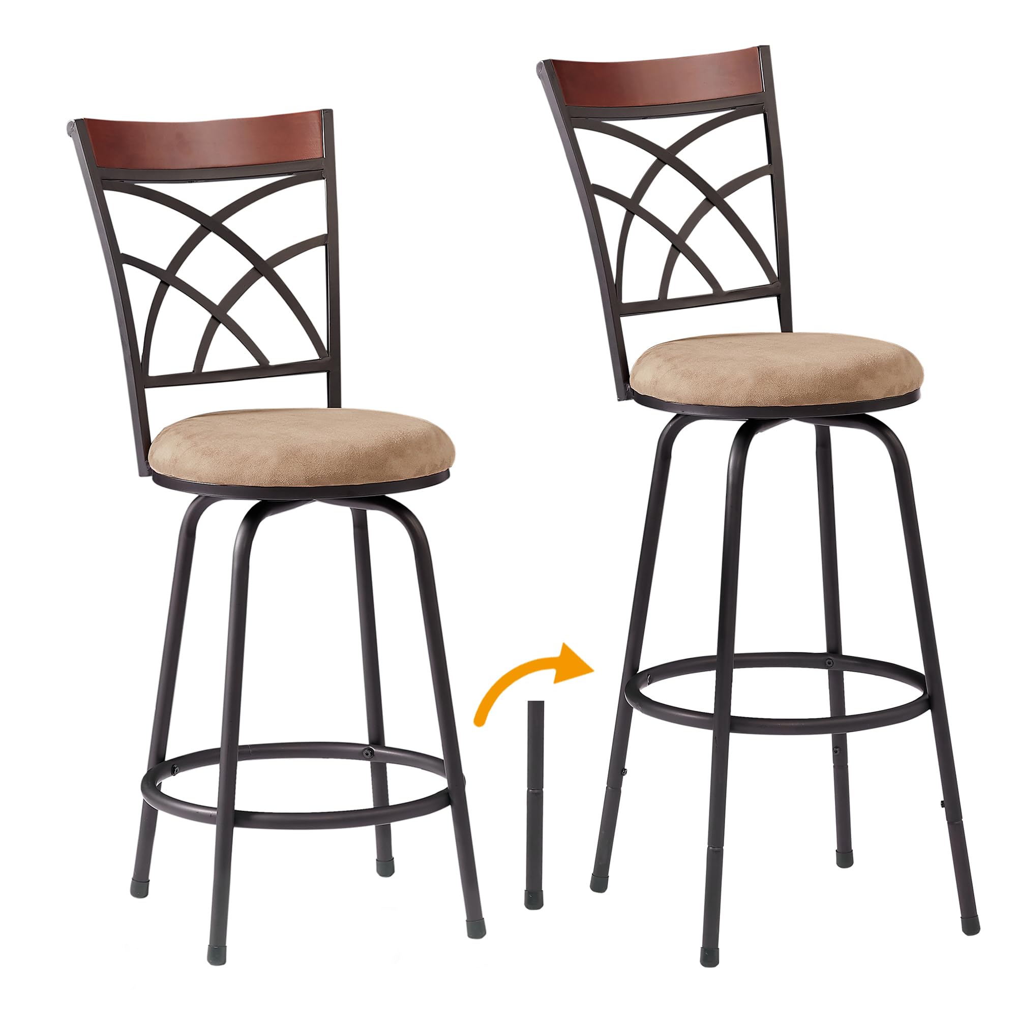 VECELO Barstools, Adjustable Counter Stools, Steel Bistro Pub Chairs, Bar Stool with 360 Degree Swivel Seat and Cushions,Wood Top Rail Backrest,Set of 2