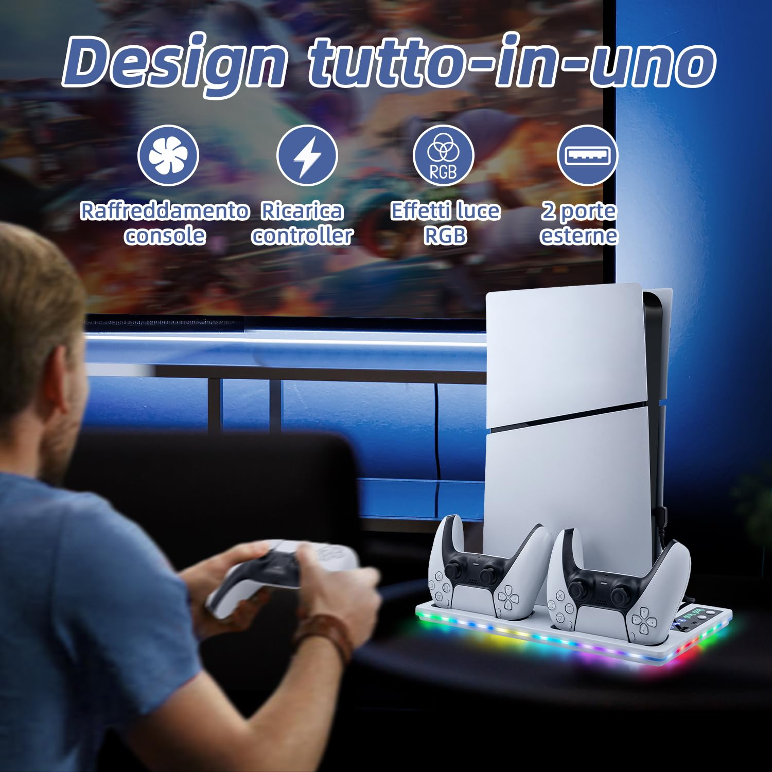 Wigearss Supporto Verticale Raffreddamento PS5/PS5 Slim/PS5 Pro con Doppio Caricatore Controller, Base di Ricarica Joystick PS5 con Ventola Raffreddamento, Illuminazione RGB per PS5/PS5 Slim/PS5 Pro