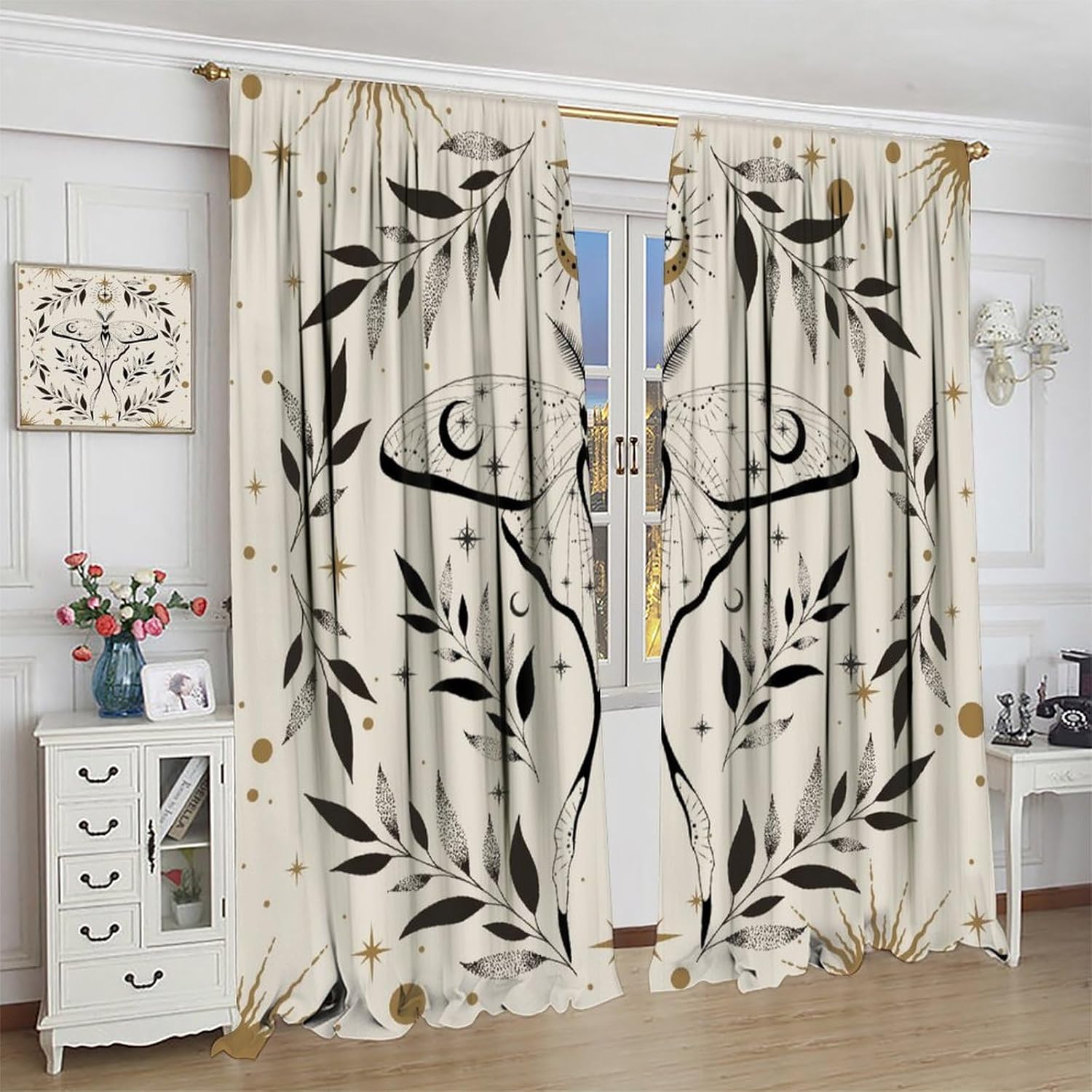 Moth Blackout Curtains Mystic Vintage Moon Phase Tarot Leaf Gothic Astrology Boho Home Window Treatments Bedroom Living Room Kitchen Rod Pocket Drapes72x63in