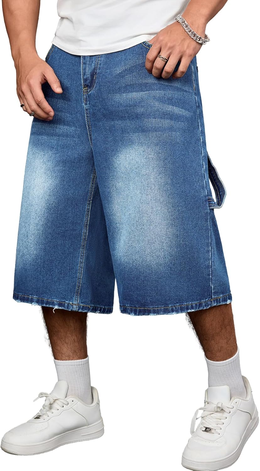 DISLANBO Men's Baggy Jeans Shorts Wide Leg Loose Fit Y2K Hip Hop Long Denim Shorts Streetwear Below Knee