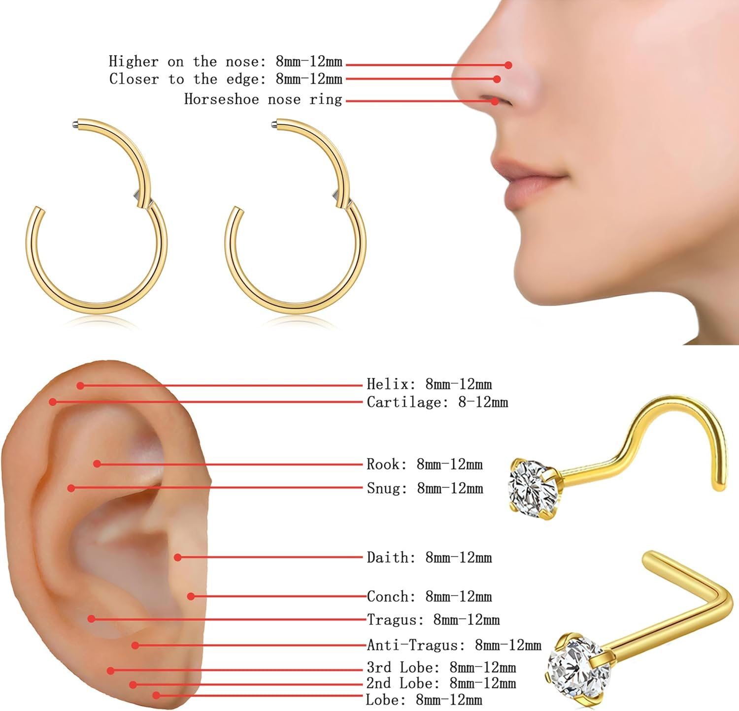 Nose Rings Studs for Women Men: Hypoallergenic Gold Silver 316L Surgical Stainless Steel Hoops Septum Horseshoe/L Shape/Corkscrew Nose Studs Body Piercing Jewelry Tragus Conch 20G 18G 16G - Image 7