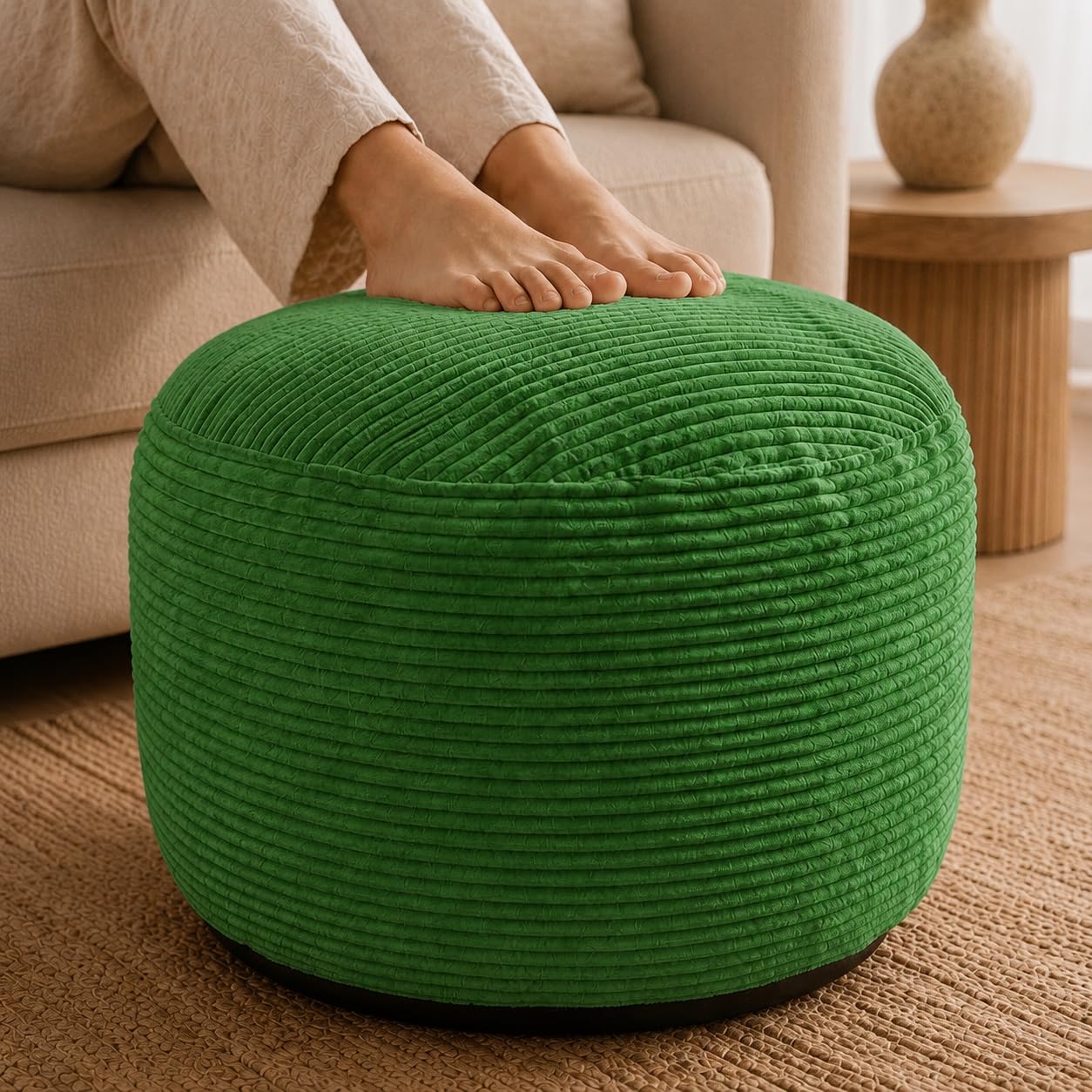 Stuffed Pouf Ottoman,Corduroy Foot Rest,Grass Green,24 Inch