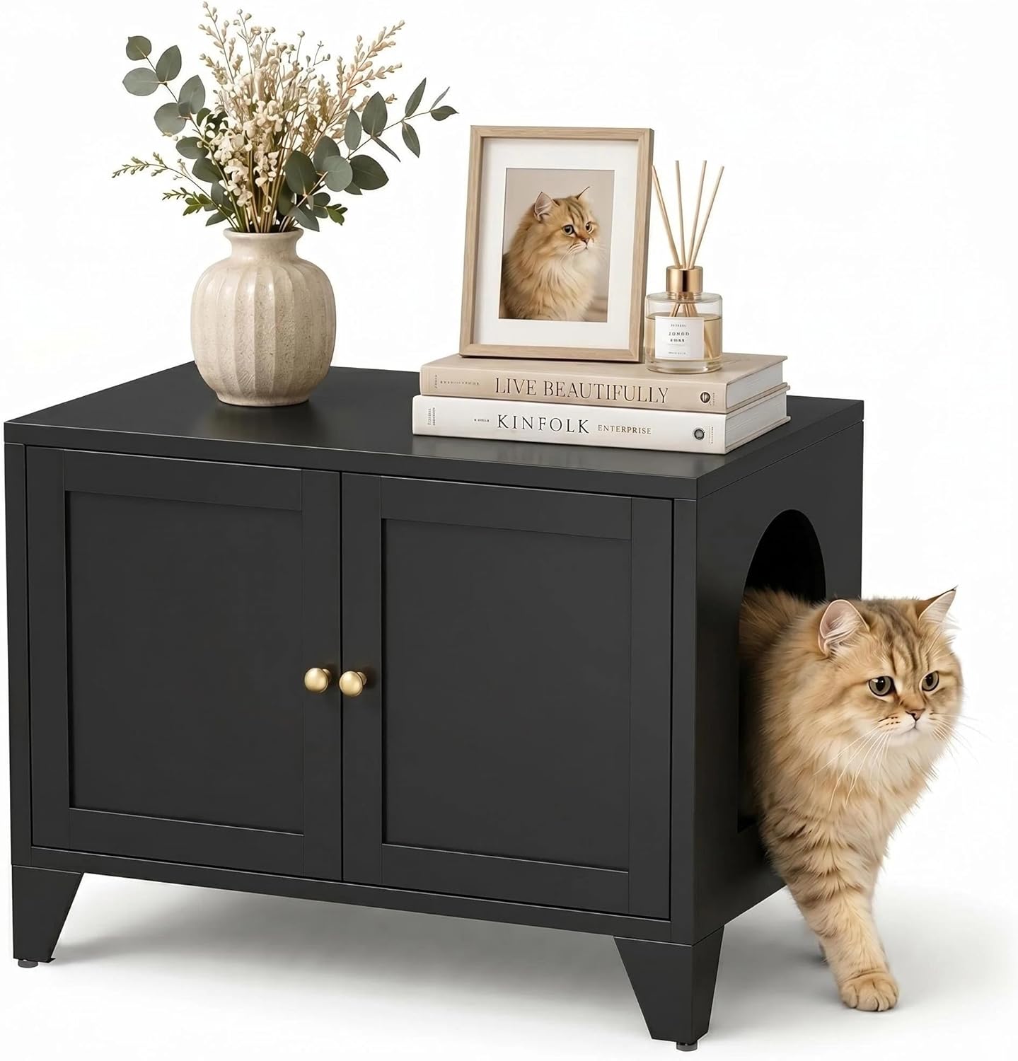 Metal Cat Litter Box Enclosure Furniture, Hidden Cat Washroom Cabinet with 2 Doors, Modern Pet Cabinet for Litter Box or Cat Bed, Dog Proof Indoor Cat House, End Table, Nightstand, Black