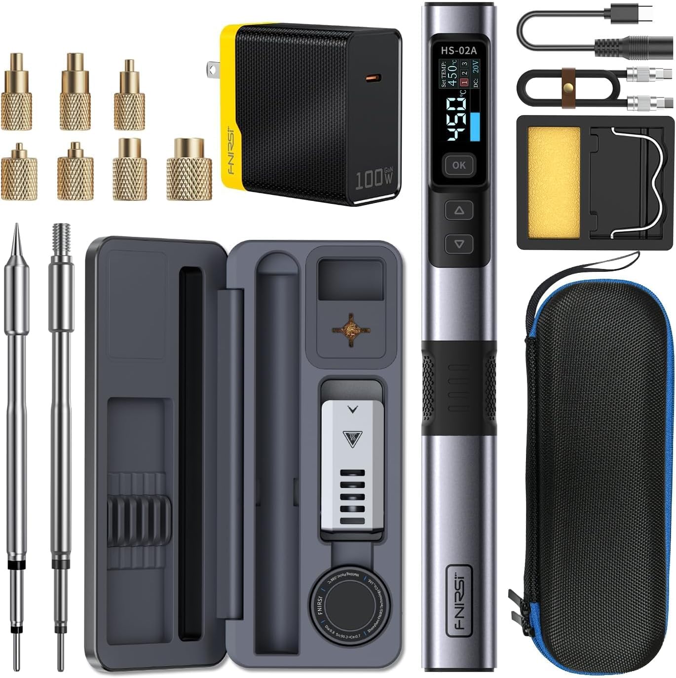 FNIRSI HS02 100W Heat Set Insert Tool & Corded Soldering Iron Kit for 3D Printer, Plastic, Portable Electronics Repair, 3S Fast Heating, 3 Preset Temps, with M2-M8 Threaded Brass Insert Nuts & Tips